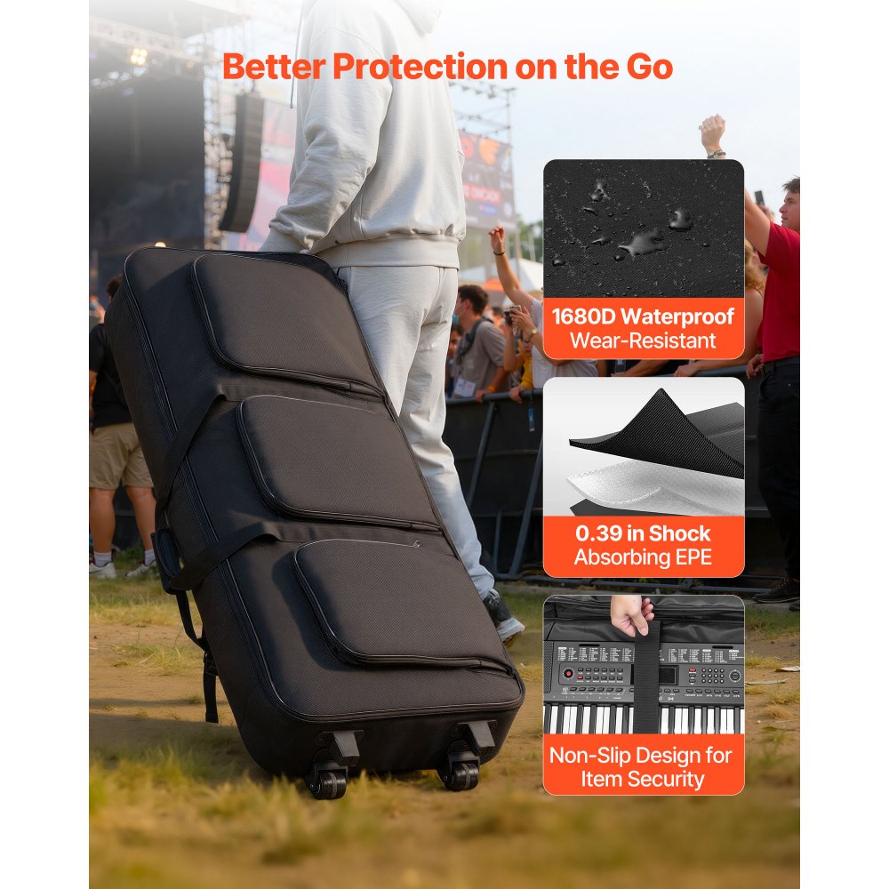 Θήκη πληκτρολογίου VEVOR 88 πλήκτρων, εσωτερικό 1040 x 430 x 130 mm, θήκη πιάνου με επένδυση και ρόδες, στιβαρή λαβή, 3 τσέπες αποθήκευσης, τσάντα συναυλιών με λείους τροχούς, για πληκτρολόγια 88 νότων και ηλεκτρικά πιάνα Θήκη πληκτρολογίου VEVOR 88 πλήκτρων, εσωτερικό 1040 x 430 x 130 mm, θήκη πιάνου με επένδυση και ρόδες, στιβαρή λαβή, 3 τσέπες αποθήκευσης, τσάντα συναυλιών με λείους τροχούς, για πληκτρολόγια 88 νότων και ηλεκτρικά πιάνα