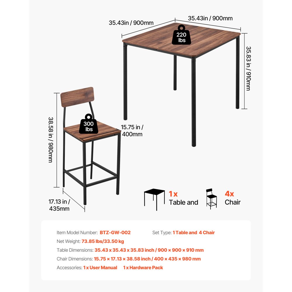 Τραπέζι Μπαρ VEVOR, Σετ 5 τεμαχίων τραπεζιών μπαρ 889 χιλ., Σετ τραπεζιών και καρεκλών μπαρ με στρογγυλεμένες άκρες, Τετράγωνο τραπέζι μπαρ με τέσσερα σκαμπό για σαλόνι, τραπεζαρία, κουζίνα, χρώμα καρυδιάς, μαύρο Τραπέζι Μπαρ VEVOR, Σετ 5 τεμαχίων τραπεζιών μπαρ 889 χιλ., Σετ τραπεζιών και καρεκλών μπαρ με στρογγυλεμένες άκρες, Τετράγωνο τραπέζι μπαρ με τέσσερα σκαμπό για σαλόνι, τραπεζαρία, κουζίνα, χρώμα καρυδιάς, μαύρο