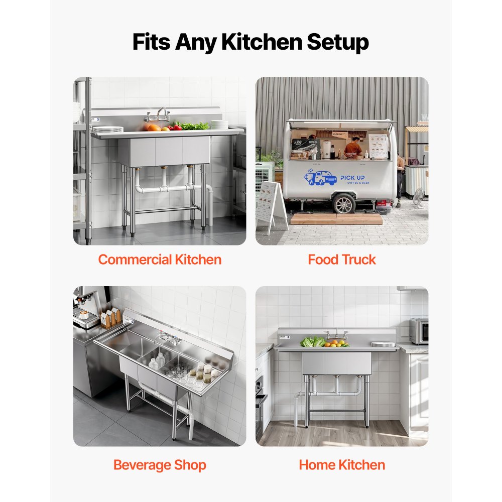 Νιπτήρας VEVOR 3 θέσεων, από ανοξείδωτο ατσάλι 18-Gauge 304, μέγεθος λεκάνης 254x356x254 mm, επαγγελματικός νεροχύτης προετοιμασίας και βοηθητικού χώρου κουζίνας 3 θέσεων με 2 σανίδες αποστράγγισης και πλακάκι πλάτης για εστιατόριο, φορτηγό τροφίμων και οικιακή χρήση Νιπτήρας VEVOR 3 θέσεων, από ανοξείδωτο ατσάλι 18-Gauge 304, μέγεθος λεκάνης 254x356x254 mm, επαγγελματικός νεροχύτης προετοιμασίας και βοηθητικού χώρου κουζίνας 3 θέσεων με 2 σανίδες αποστράγγισης και πλακάκι πλάτης για εστιατόριο, φορτηγό τροφίμων και οικιακή χρήση