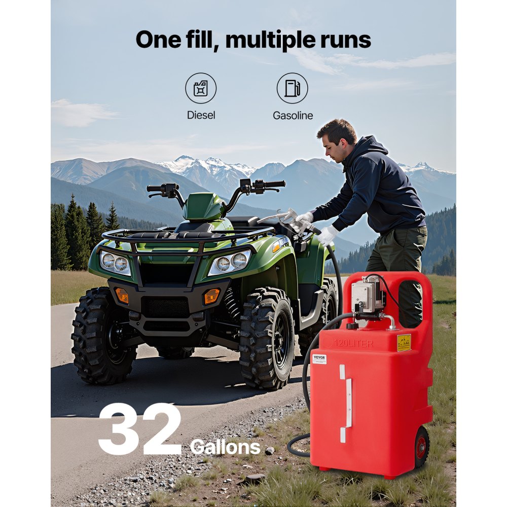 VEVOR Fuel Caddy, 32 γαλόνια, Φορητή δεξαμενή καυσίμου με ηλεκτρική αντλία μεταφοράς καυσίμου 12V DC 15 GPM, εύκαμπτος σωλήνας παροχής 13 ποδιών και χειροκίνητο ακροφύσιο από κράμα αλουμινίου, βενζινοκίνητο Caddy για μηχανοκίνητα σκάφη, ATV, ντίζελ και βενζίνη VEVOR Fuel Caddy, 32 γαλόνια, Φορητή δεξαμενή καυσίμου με ηλεκτρική αντλία μεταφοράς καυσίμου 12V DC 15 GPM, εύκαμπτος σωλήνας παροχής 13 ποδιών και χειροκίνητο ακροφύσιο από κράμα αλουμινίου, βενζινοκίνητο Caddy για μηχανοκίνητα σκάφη, ATV, ντίζελ και βενζίνη