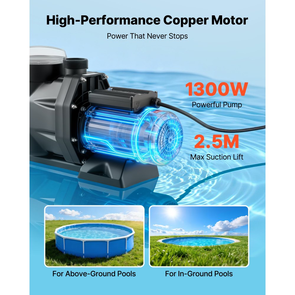 Αντλία πισίνας VEVOR, 1300W, μέγιστη ροή 28.800 L/H, αντλία πισίνας μονής ταχύτητας, AC 220-240V, 2850 RPM, μέγιστη μανομετρική βαλβίδα 17 m, με χρονοδιακόπτη 24 ωρών και καλάθι φίλτρου, για υπέργειες και εντοιχισμένες πισίνες, υδρομασάζ, σπα Αντλία πισίνας VEVOR, 1300W, μέγιστη ροή 28.800 L/H, αντλία πισίνας μονής ταχύτητας, AC 220-240V, 2850 RPM, μέγιστη μανομετρική βαλβίδα 17 m, με χρονοδιακόπτη 24 ωρών και καλάθι φίλτρου, για υπέργειες και εντοιχισμένες πισίνες, υδρομασάζ, σπα