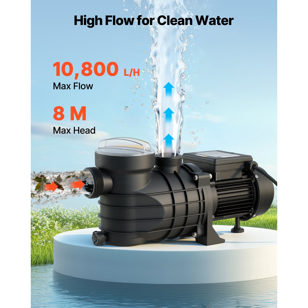 Αντλία πισίνας VEVOR Υπέργεια, 180W, Μέγιστη ροή 10.800 L/H, Μονή ταχύτητα, AC 220-240V, 2850 RPM, Μέγιστη ανύψωση κεφαλής 8 m, με καλάθι φίλτρου και καπάκι, για υπέργειες πισίνες, υδρομασάζ και σπα Αντλία πισίνας VEVOR Υπέργεια, 180W, Μέγιστη ροή 10.800 L/H, Μονή ταχύτητα, AC 220-240V, 2850 RPM, Μέγιστη ανύψωση κεφαλής 8 m, με καλάθι φίλτρου και καπάκι, για υπέργειες πισίνες, υδρομασάζ και σπα