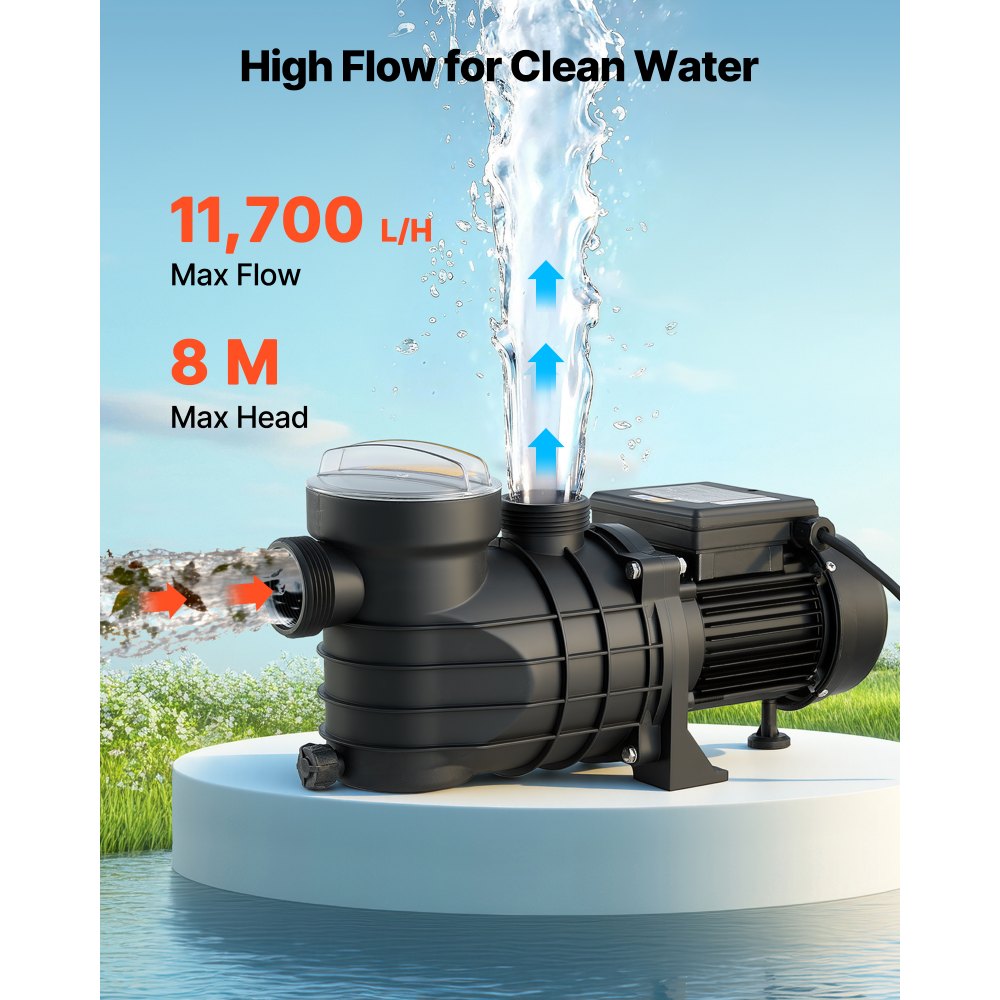 Αντλία πισίνας VEVOR Υπέργεια, 250W, Μέγιστη ροή 11.700 L/H, Μονή ταχύτητα, AC 220-240V, 2850 RPM, Μέγιστη ανύψωση κεφαλής 8 m, με καλάθι φίλτρου και καπάκι, για υπέργειες πισίνες, υδρομασάζ και σπα Αντλία πισίνας VEVOR Υπέργεια, 250W, Μέγιστη ροή 11.700 L/H, Μονή ταχύτητα, AC 220-240V, 2850 RPM, Μέγιστη ανύψωση κεφαλής 8 m, με καλάθι φίλτρου και καπάκι, για υπέργειες πισίνες, υδρομασάζ και σπα