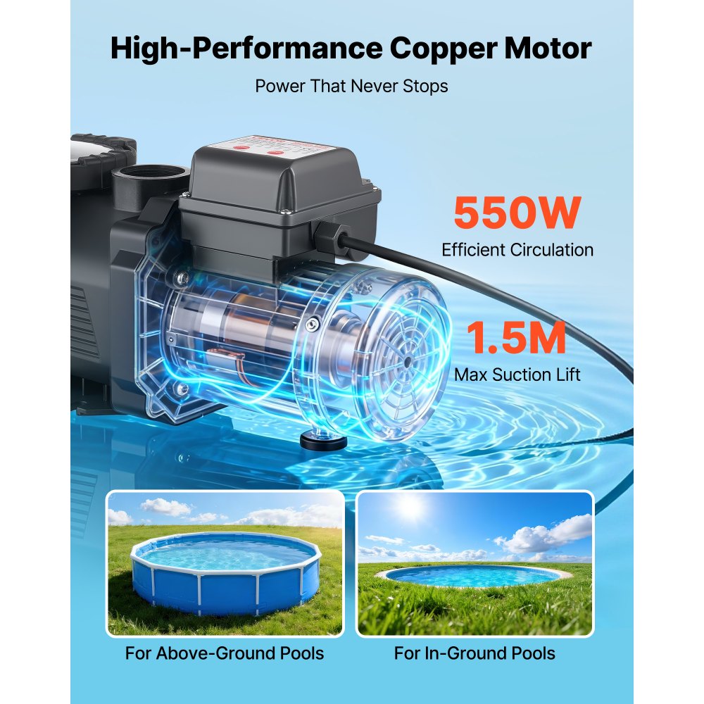 Αντλία πισίνας VEVOR, 550W, μέγιστη ροή 14.000 L/H, αντλία πισίνας μονής ταχύτητας, AC 220-240V, 3450 RPM, μέγιστη κεφαλή 12 m, με χρονοδιακόπτη 24 ωρών και καλάθι φίλτρου, για υπέργειες και εντοιχισμένες πισίνες, υδρομασάζ, σπα Αντλία πισίνας VEVOR, 550W, μέγιστη ροή 14.000 L/H, αντλία πισίνας μονής ταχύτητας, AC 220-240V, 3450 RPM, μέγιστη κεφαλή 12 m, με χρονοδιακόπτη 24 ωρών και καλάθι φίλτρου, για υπέργειες και εντοιχισμένες πισίνες, υδρομασάζ, σπα