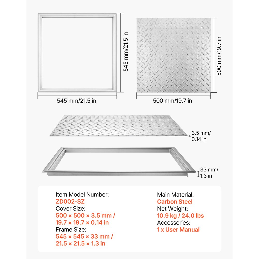Κάλυμμα φρεατίου VEVOR με πλαίσιο, τετράγωνο καπάκι βόθρου 500 x 500 mm με βάση, ανθεκτικό στην ολίσθηση κάλυμμα πρόσβασης επιθεώρησης καναλιού αποστράγγισης από ανθρακούχο χάλυβα βαρέως τύπου για πεζοδρόμια, κήπους Κάλυμμα φρεατίου VEVOR με πλαίσιο, τετράγωνο καπάκι βόθρου 500 x 500 mm με βάση, ανθεκτικό στην ολίσθηση κάλυμμα πρόσβασης επιθεώρησης καναλιού αποστράγγισης από ανθρακούχο χάλυβα βαρέως τύπου για πεζοδρόμια, κήπους