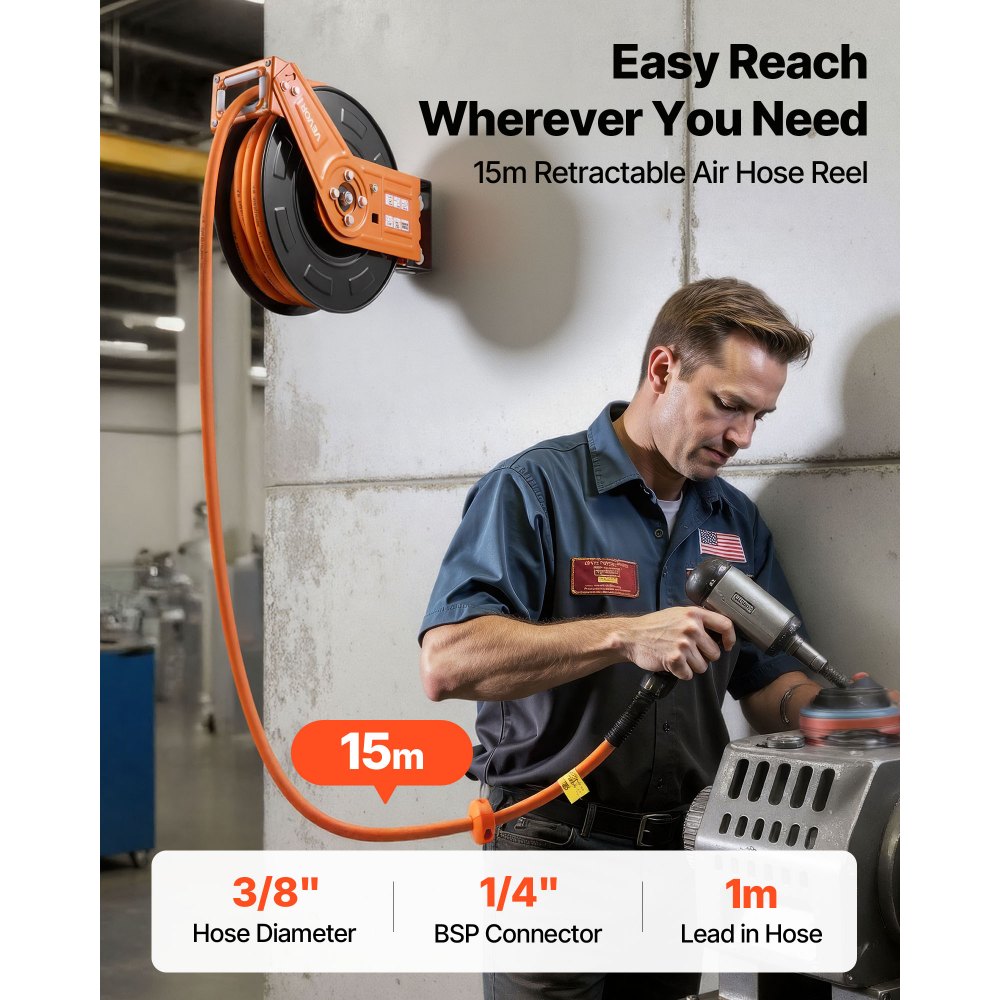 Ανασυρόμενο καρούλι λάστιχου αέρα VEVOR, λαστιχένιος λάστιχος αέρα 15m x 9,5mm μέγιστο 300PSI, καρούλι λάστιχων αεροσυμπιεστή με αυτόματη επανατύλιξη με είσοδο 1m, περιστρεφόμενη 180° τοποθέτηση σε οροφή/τοίχο για συνεργεία γκαράζ Ανασυρόμενο καρούλι λάστιχου αέρα VEVOR, λαστιχένιος λάστιχος αέρα 15m x 9,5mm μέγιστο 300PSI, καρούλι λάστιχων αεροσυμπιεστή με αυτόματη επανατύλιξη με είσοδο 1m, περιστρεφόμενη 180° τοποθέτηση σε οροφή/τοίχο για συνεργεία γκαράζ