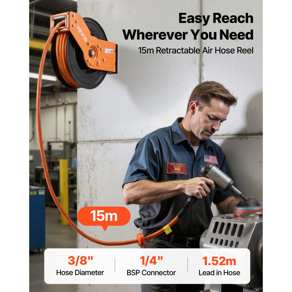 Ανασυρόμενο καρούλι λάστιχου αέρα VEVOR, υβριδικός λάστιχο αέρα 15m x 9,5mm μέγιστο 300PSI, καρούλι λάστιχων αεροσυμπιεστή με αυτόματη επανατύλιξη με είσοδο 1,52 m, περιστρεφόμενη 180° τοποθέτηση σε οροφή/τοίχο για συνεργεία γκαράζ Ανασυρόμενο καρούλι λάστιχου αέρα VEVOR, υβριδικός λάστιχο αέρα 15m x 9,5mm μέγιστο 300PSI, καρούλι λάστιχων αεροσυμπιεστή με αυτόματη επανατύλιξη με είσοδο 1,52 m, περιστρεφόμενη 180° τοποθέτηση σε οροφή/τοίχο για συνεργεία γκαράζ