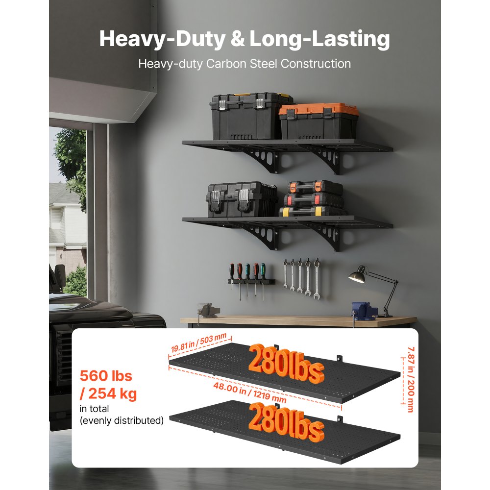 Ράφια τοίχου γκαράζ VEVOR 2 επιπέδων βαρέως τύπου, ατσάλινη μονάδα ραφιών τοίχου 50 x 122 cm, πλωτή μεταλλική βάση αποθήκευσης 500 x 1219 mm ανά ράφι για γκαράζ με συνολική χωρητικότητα βάρους 254 kg, μαύρη Ράφια τοίχου γκαράζ VEVOR 2 επιπέδων βαρέως τύπου, ατσάλινη μονάδα ραφιών τοίχου 50 x 122 cm, πλωτή μεταλλική βάση αποθήκευσης 500 x 1219 mm ανά ράφι για γκαράζ με συνολική χωρητικότητα βάρους 254 kg, μαύρη