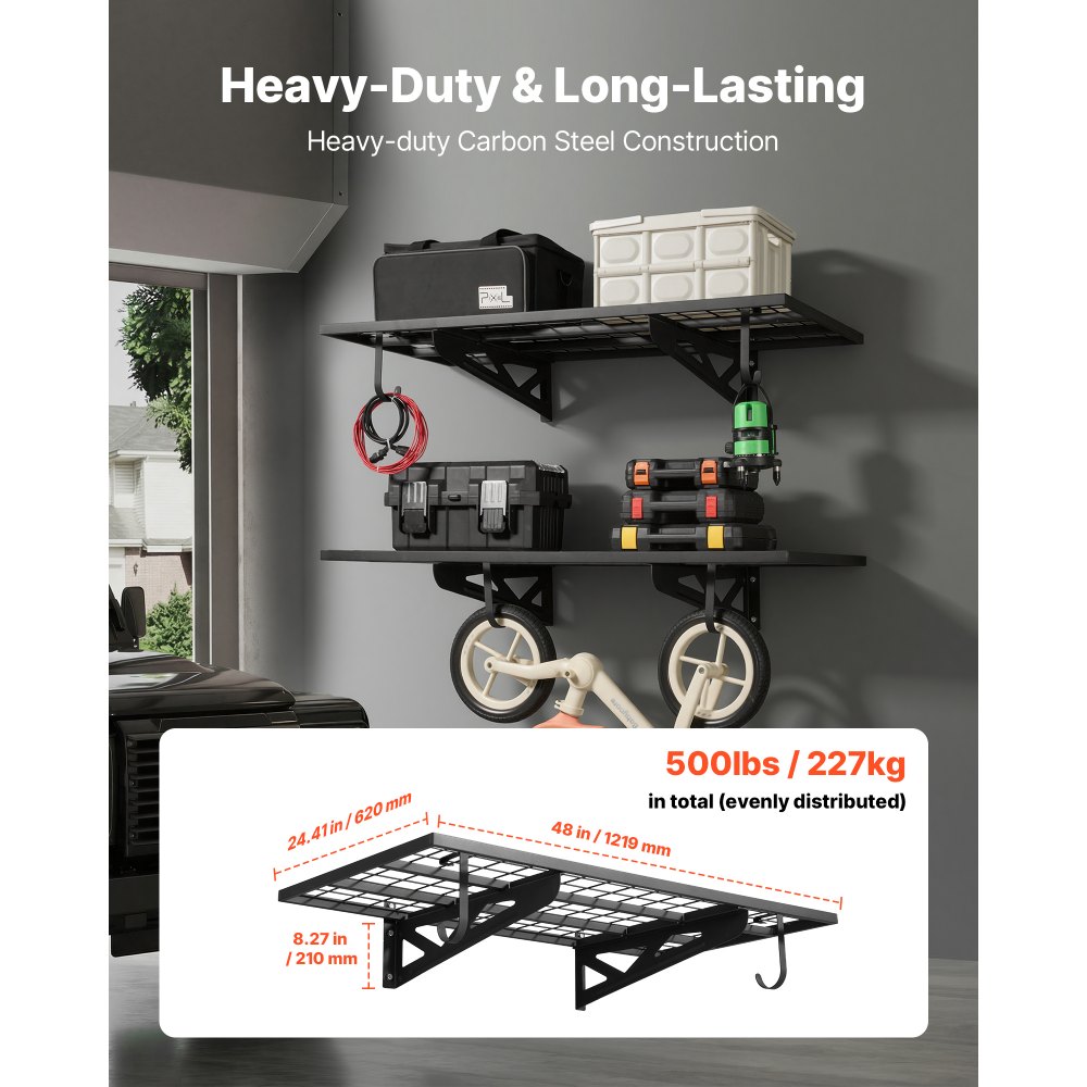Ράφια τοίχου γκαράζ VEVOR 2 επιπέδων βαρέως τύπου, ατσάλινη μονάδα ραφιών τοίχου 610 x 1219 mm με γάντζους, μεταλλική πλωτή βάση αποθήκευσης 610 x 1219 mm ανά ράφι για γκαράζ, συνολική χωρητικότητα βάρους 227 kg Ράφια τοίχου γκαράζ VEVOR 2 επιπέδων βαρέως τύπου, ατσάλινη μονάδα ραφιών τοίχου 610 x 1219 mm με γάντζους, μεταλλική πλωτή βάση αποθήκευσης 610 x 1219 mm ανά ράφι για γκαράζ, συνολική χωρητικότητα βάρους 227 kg