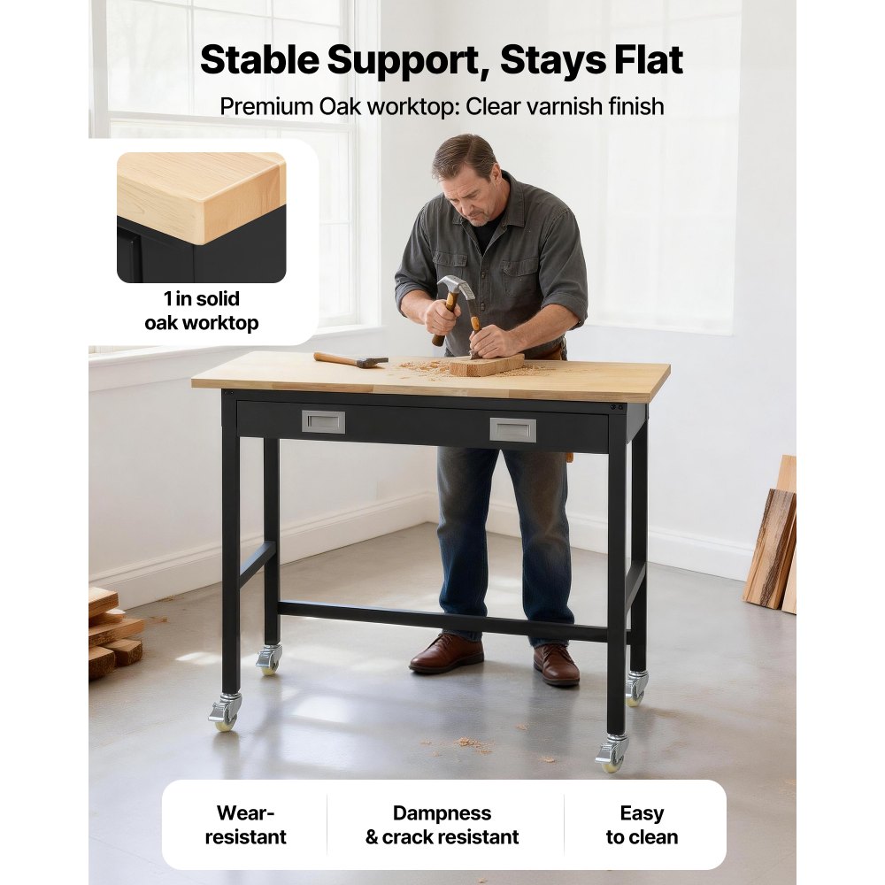 Πάγκος εργασίας VEVOR 1220 mm, χωρητικότητα φορτίου 680 kg, πάγκος εργασίας γκαράζ με συρτάρι και ρόδες, πάγκος εργαστηρίου με ρόδες, βαρέως τύπου τραπέζι εργασίας από ξύλο βελανιδιάς για γκαράζ, εργαστήριο, γραφείο και σπίτι Πάγκος εργασίας VEVOR 1220 mm, χωρητικότητα φορτίου 680 kg, πάγκος εργασίας γκαράζ με συρτάρι και ρόδες, πάγκος εργαστηρίου με ρόδες, βαρέως τύπου τραπέζι εργασίας από ξύλο βελανιδιάς για γκαράζ, εργαστήριο, γραφείο και σπίτι