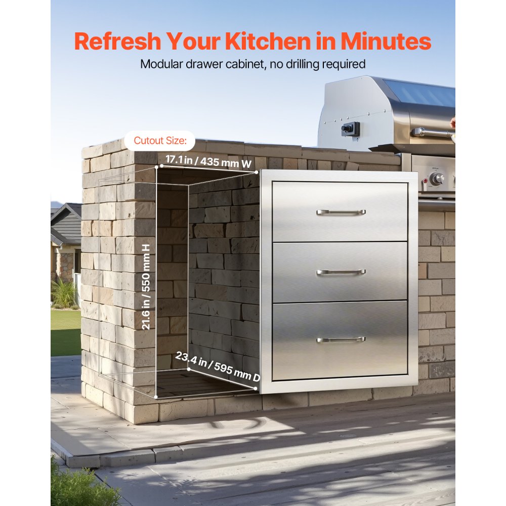 Συρτάρια εξωτερικού χώρου κουζίνας VEVOR 18,11" Π x 23,23" Β x 23,23" Υ, Τριπλής πρόσβασης από ανοξείδωτο ατσάλι με λαβές, Συρτάρι νησίδας BBQ για εξωτερική κουζίνα ή σταθμό ψησταριάς βεράντας νησίδας BBQ Συρτάρια εξωτερικού χώρου κουζίνας VEVOR 18,11" Π x 23,23" Β x 23,23" Υ, Τριπλής πρόσβασης από ανοξείδωτο ατσάλι με λαβές, Συρτάρι νησίδας BBQ για εξωτερική κουζίνα ή σταθμό ψησταριάς βεράντας νησίδας BBQ