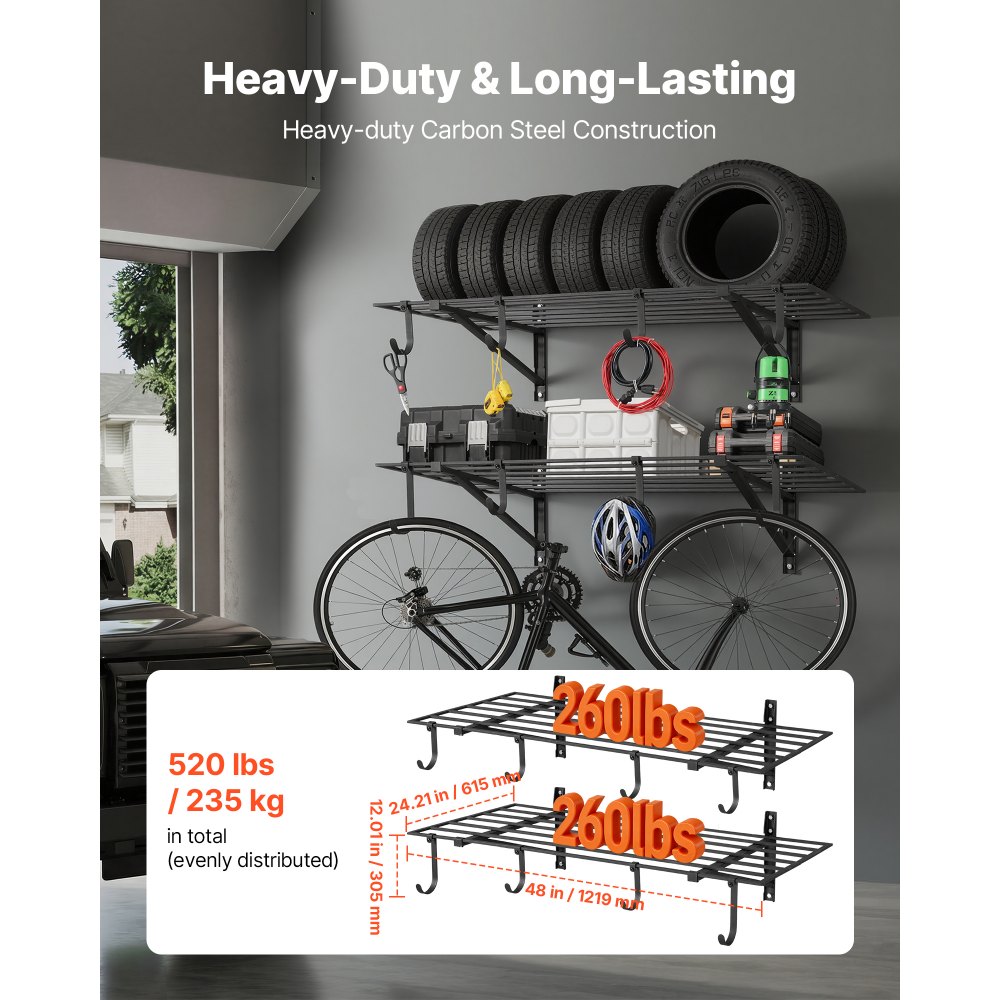 Ράφια τοίχου γκαράζ VEVOR 2 επιπέδων βαρέως τύπου, ατσάλινη μονάδα ραφιών τοίχου 61 x 122 cm με γάντζους, μεταλλική πλωτή βάση αποθήκευσης 610 x 1219 mm ανά ράφι με συνολική χωρητικότητα βάρους 235 kg, μαύρη Ράφια τοίχου γκαράζ VEVOR 2 επιπέδων βαρέως τύπου, ατσάλινη μονάδα ραφιών τοίχου 61 x 122 cm με γάντζους, μεταλλική πλωτή βάση αποθήκευσης 610 x 1219 mm ανά ράφι με συνολική χωρητικότητα βάρους 235 kg, μαύρη