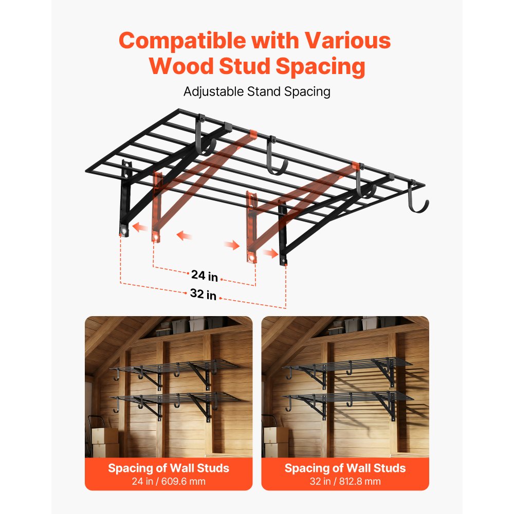 Ράφια τοίχου γκαράζ VEVOR 2 επιπέδων βαρέως τύπου, ατσάλινη μονάδα ραφιών τοίχου 61 x 122 cm με γάντζους, μεταλλική πλωτή βάση αποθήκευσης 610 x 1219 mm ανά ράφι με συνολική χωρητικότητα βάρους 235 kg, μαύρη Ράφια τοίχου γκαράζ VEVOR 2 επιπέδων βαρέως τύπου, ατσάλινη μονάδα ραφιών τοίχου 61 x 122 cm με γάντζους, μεταλλική πλωτή βάση αποθήκευσης 610 x 1219 mm ανά ράφι με συνολική χωρητικότητα βάρους 235 kg, μαύρη