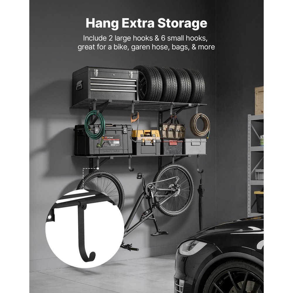 Ράφια τοίχου γκαράζ VEVOR 2 επιπέδων βαρέως τύπου, ατσάλινη μονάδα ραφιών τοίχου 61 x 122 cm με γάντζους, μεταλλική πλωτή βάση αποθήκευσης 610 x 1219 mm ανά ράφι με συνολική χωρητικότητα βάρους 235 kg, μαύρη Ράφια τοίχου γκαράζ VEVOR 2 επιπέδων βαρέως τύπου, ατσάλινη μονάδα ραφιών τοίχου 61 x 122 cm με γάντζους, μεταλλική πλωτή βάση αποθήκευσης 610 x 1219 mm ανά ράφι με συνολική χωρητικότητα βάρους 235 kg, μαύρη