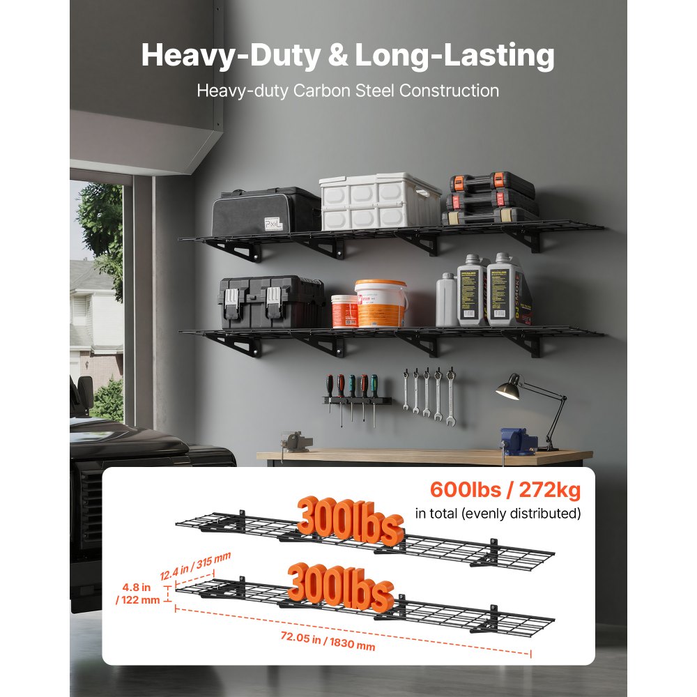 Ράφια τοίχου γκαράζ VEVOR 2 επιπέδων βαρέως τύπου, 4 τεμάχια, μεταλλική μονάδα επιτοίχιας ραφιέρας 305 x 914 mm, πλωτή μεταλλική βάση αποθήκευσης 305 x 1828 mm ανά ράφι για γκαράζ, συνολική χωρητικότητα βάρους 272 kg, μαύρο Ράφια τοίχου γκαράζ VEVOR 2 επιπέδων βαρέως τύπου, 4 τεμάχια, μεταλλική μονάδα επιτοίχιας ραφιέρας 305 x 914 mm, πλωτή μεταλλική βάση αποθήκευσης 305 x 1828 mm ανά ράφι για γκαράζ, συνολική χωρητικότητα βάρους 272 kg, μαύρο
