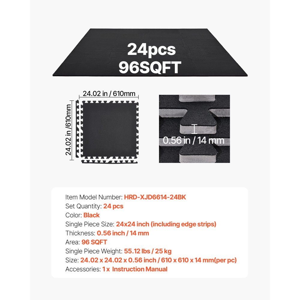 Χαλί άσκησης παζλ VEVOR, 24 τεμάχια χαλάκια γυμναστικής, 610 x 610 x 14 mm, Σετ χαλιών γυμναστικής από αφρό EVA υψηλής πυκνότητας, μαλακά πλακάκια από καουτσούκ που αλληλοσυνδέονται, προστατευτική επένδυση δαπέδου για σπίτι, γυμναστήριο, γραφείο, μαύρο Χαλί άσκησης παζλ VEVOR, 24 τεμάχια χαλάκια γυμναστικής, 610 x 610 x 14 mm, Σετ χαλιών γυμναστικής από αφρό EVA υψηλής πυκνότητας, μαλακά πλακάκια από καουτσούκ που αλληλοσυνδέονται, προστατευτική επένδυση δαπέδου για σπίτι, γυμναστήριο, γραφείο, μαύρο