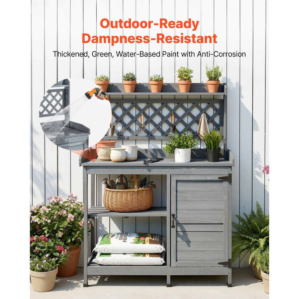 Τραπέζι VEVOR Potting, Ξύλινος Σταθμός Εργασίας Κηπουρικής Εξωτερικού Χώρου με Ντουλάπι Αποθήκευσης, Ράφια Αποθήκευσης, Ξύλινη Επιφάνεια Εργασίας 110 x 46 cm, Σταθμός Εργασίας Φύτευσης Κήπου για Αίθριο, Αυλή, Μπαλκόνι, Γκρι Τραπέζι VEVOR Potting, Ξύλινος Σταθμός Εργασίας Κηπουρικής Εξωτερικού Χώρου με Ντουλάπι Αποθήκευσης, Ράφια Αποθήκευσης, Ξύλινη Επιφάνεια Εργασίας 110 x 46 cm, Σταθμός Εργασίας Φύτευσης Κήπου για Αίθριο, Αυλή, Μπαλκόνι, Γκρι