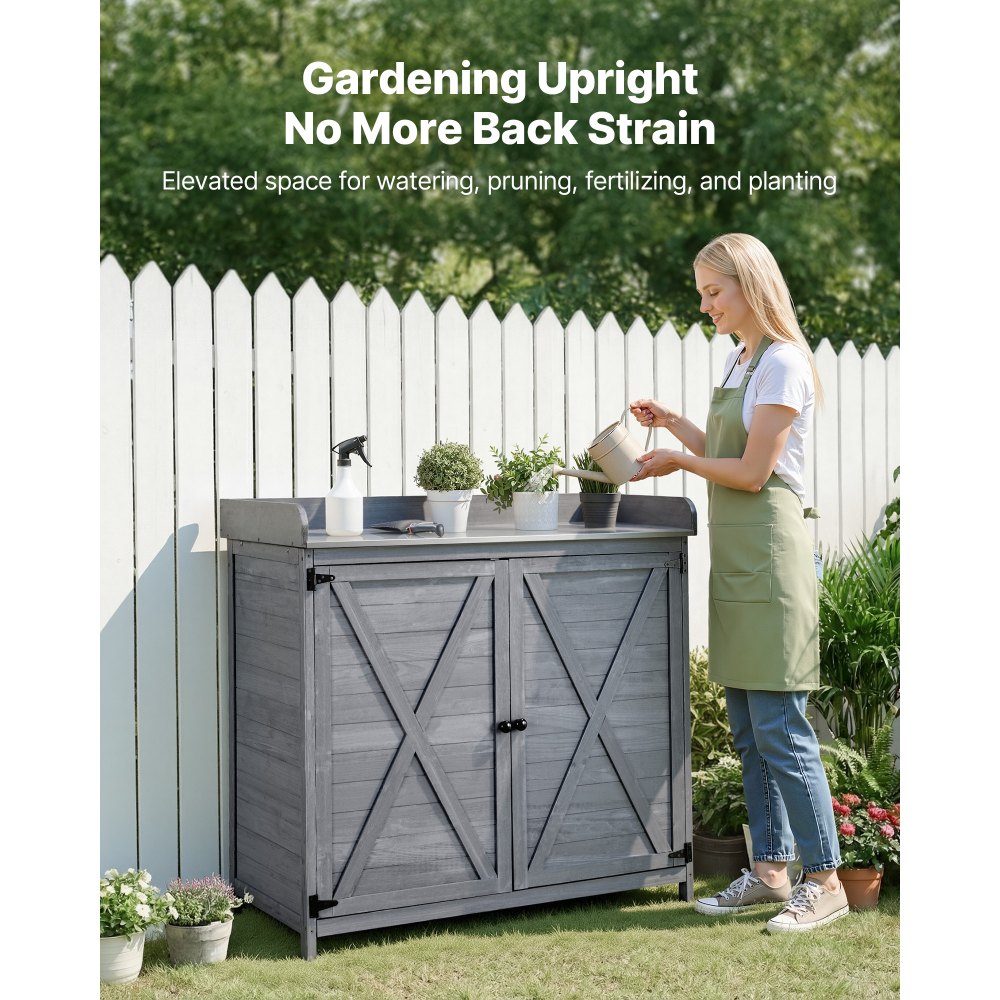 Τραπέζι VEVOR Potting, Ξύλινο ντουλάπι αποθήκευσης εξωτερικού χώρου κηπουρικής με ξύλινη επιφάνεια 98 x 48 cm, Σταθμός εργασίας φύτευσης κήπου με μεγάλο χώρο αποθήκευσης για βεράντα, πίσω αυλή, γκρι Τραπέζι VEVOR Potting, Ξύλινο ντουλάπι αποθήκευσης εξωτερικού χώρου κηπουρικής με ξύλινη επιφάνεια 98 x 48 cm, Σταθμός εργασίας φύτευσης κήπου με μεγάλο χώρο αποθήκευσης για βεράντα, πίσω αυλή, γκρι
