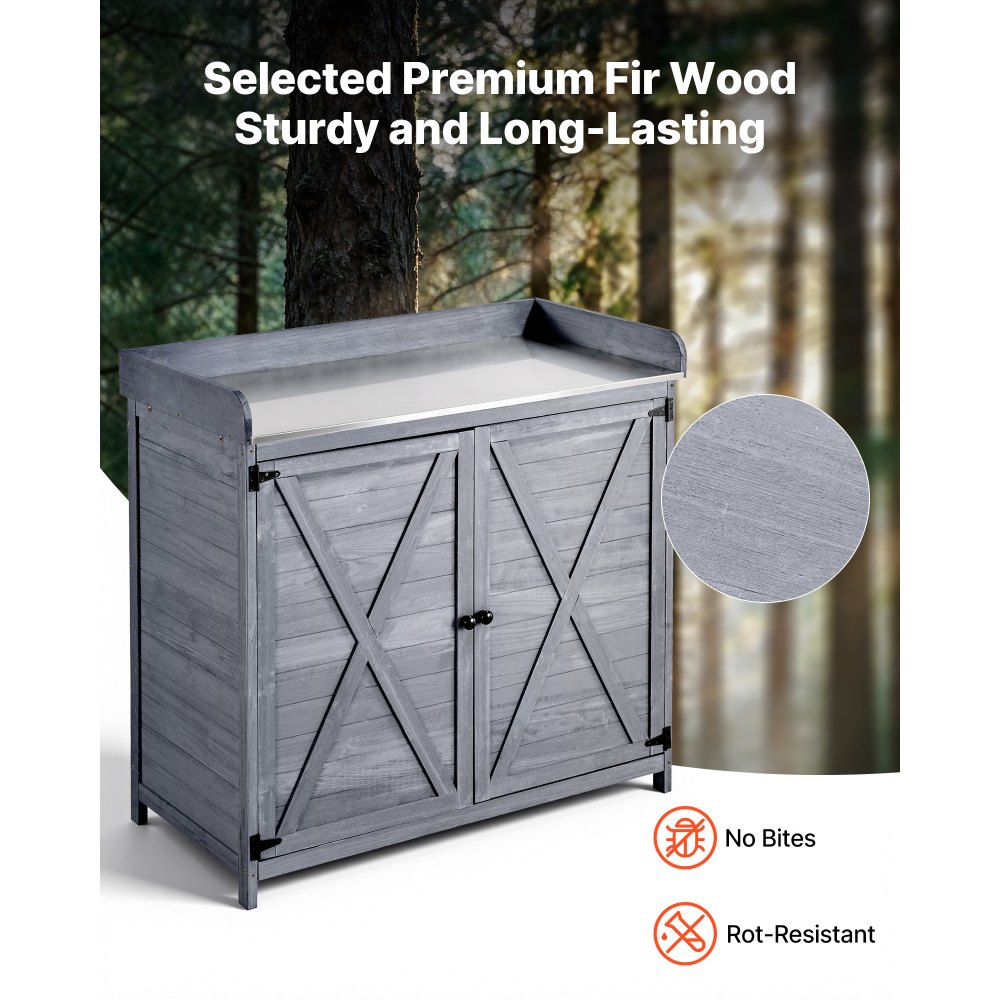 Τραπέζι VEVOR Potting, Ξύλινο ντουλάπι αποθήκευσης εξωτερικού χώρου κηπουρικής με ξύλινη επιφάνεια 98 x 48 cm, Σταθμός εργασίας φύτευσης κήπου με μεγάλο χώρο αποθήκευσης για βεράντα, πίσω αυλή, γκρι Τραπέζι VEVOR Potting, Ξύλινο ντουλάπι αποθήκευσης εξωτερικού χώρου κηπουρικής με ξύλινη επιφάνεια 98 x 48 cm, Σταθμός εργασίας φύτευσης κήπου με μεγάλο χώρο αποθήκευσης για βεράντα, πίσω αυλή, γκρι
