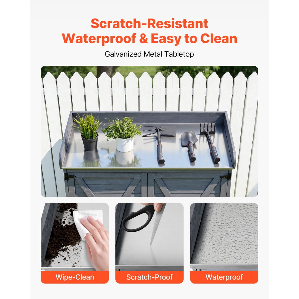 Τραπέζι VEVOR Potting, Ξύλινο ντουλάπι αποθήκευσης εξωτερικού χώρου κηπουρικής με ξύλινη επιφάνεια 98 x 48 cm, Σταθμός εργασίας φύτευσης κήπου με μεγάλο χώρο αποθήκευσης για βεράντα, πίσω αυλή, γκρι Τραπέζι VEVOR Potting, Ξύλινο ντουλάπι αποθήκευσης εξωτερικού χώρου κηπουρικής με ξύλινη επιφάνεια 98 x 48 cm, Σταθμός εργασίας φύτευσης κήπου με μεγάλο χώρο αποθήκευσης για βεράντα, πίσω αυλή, γκρι