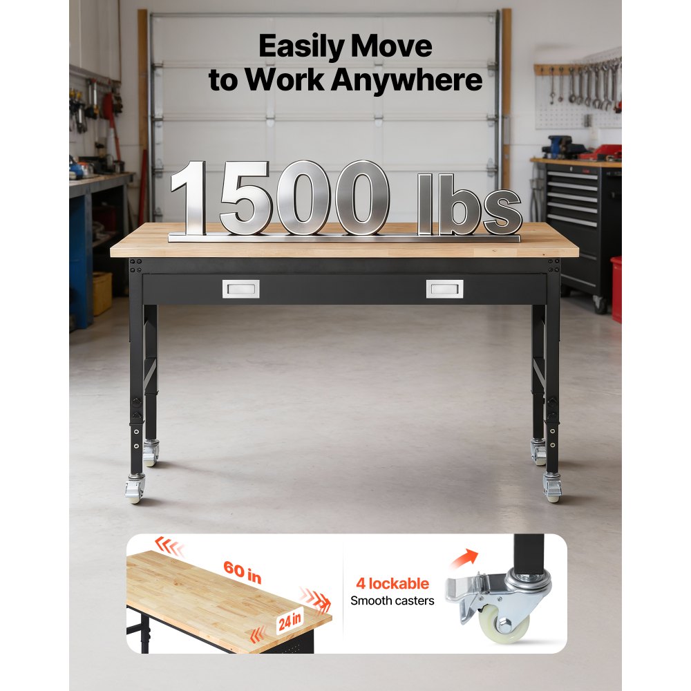 Ρυθμιζόμενος πάγκος εργασίας VEVOR 1524 mm, χωρητικότητα φορτίου 680 kg, πάγκος εργασίας γκαράζ με συρτάρι, πρίζα, ρόδες και σανίδα, βαρέως τύπου τραπέζι εργασίας από ξύλο βελανιδιάς για γκαράζ, εργαστήριο, γραφείο και σπίτι Ρυθμιζόμενος πάγκος εργασίας VEVOR 1524 mm, χωρητικότητα φορτίου 680 kg, πάγκος εργασίας γκαράζ με συρτάρι, πρίζα, ρόδες και σανίδα, βαρέως τύπου τραπέζι εργασίας από ξύλο βελανιδιάς για γκαράζ, εργαστήριο, γραφείο και σπίτι