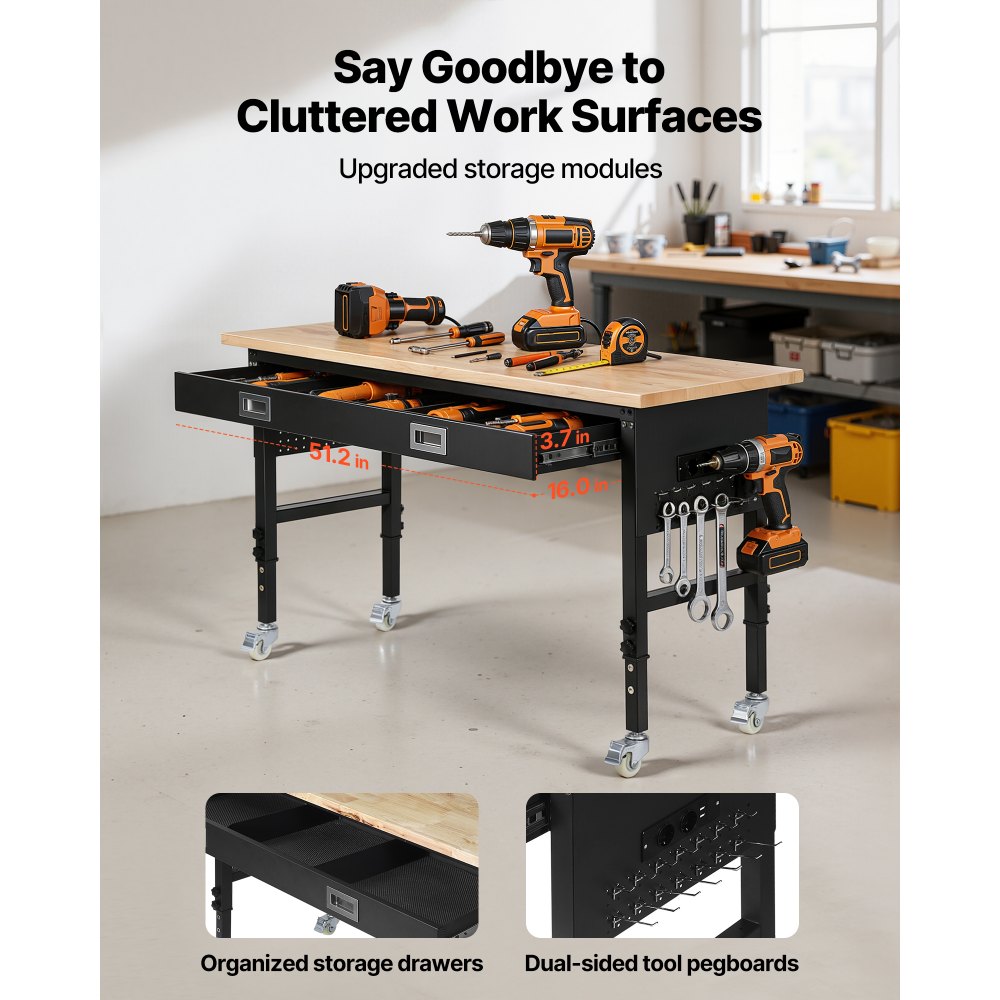 Ρυθμιζόμενος πάγκος εργασίας VEVOR 1524 mm, χωρητικότητα φορτίου 680 kg, πάγκος εργασίας γκαράζ με συρτάρι, πρίζα, ρόδες και σανίδα, βαρέως τύπου τραπέζι εργασίας από ξύλο βελανιδιάς για γκαράζ, εργαστήριο, γραφείο και σπίτι Ρυθμιζόμενος πάγκος εργασίας VEVOR 1524 mm, χωρητικότητα φορτίου 680 kg, πάγκος εργασίας γκαράζ με συρτάρι, πρίζα, ρόδες και σανίδα, βαρέως τύπου τραπέζι εργασίας από ξύλο βελανιδιάς για γκαράζ, εργαστήριο, γραφείο και σπίτι