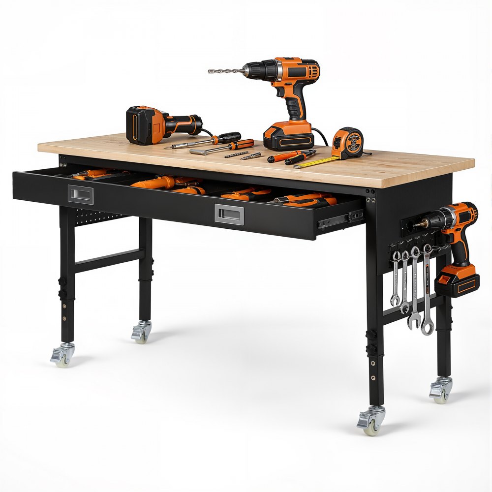 Ρυθμιζόμενος πάγκος εργασίας VEVOR 1524 mm, χωρητικότητα φορτίου 680 kg, πάγκος εργασίας γκαράζ με συρτάρι, πρίζα, ρόδες και σανίδα, βαρέως τύπου τραπέζι εργασίας από ξύλο βελανιδιάς για γκαράζ, εργαστήριο, γραφείο και σπίτι Ρυθμιζόμενος πάγκος εργασίας VEVOR 1524 mm, χωρητικότητα φορτίου 680 kg, πάγκος εργασίας γκαράζ με συρτάρι, πρίζα, ρόδες και σανίδα, βαρέως τύπου τραπέζι εργασίας από ξύλο βελανιδιάς για γκαράζ, εργαστήριο, γραφείο και σπίτι