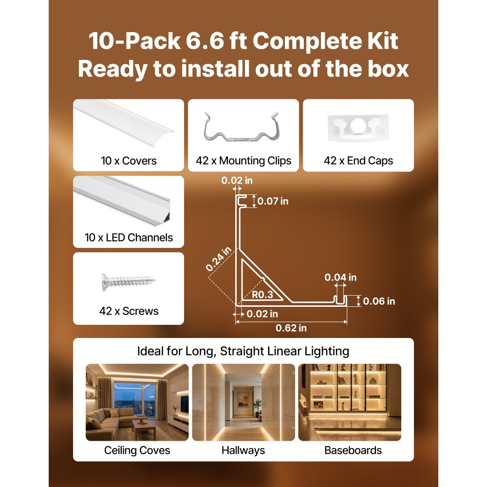 VEVOR 10 τεμάχια καναλιών αλουμινίου LED σχήματος V 6,6 ft/2M, με γαλακτώδες κάλυμμα, καπάκια και κλιπ στερέωσης, προφίλ αλουμινίου για εγκαταστάσεις λωρίδων LED, εύκολη εγκατάσταση, για κάτω από τον πάγκο ντουλαπιού