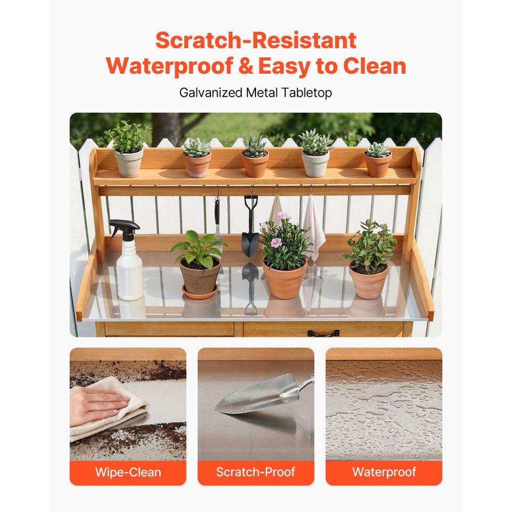 Πάγκος εργασίας VEVOR Potting, Εξωτερικός ξύλινος σταθμός εργασίας κηπουρικής με επιφάνεια από γαλβανισμένο σίδερο 112 x 46,5 cm, Σταθμός εργασίας κήπου με συρτάρι, ντουλάπι αποθήκευσης και ράφια, γάντζοι για βεράντα, πίσω αυλή Πάγκος εργασίας VEVOR Potting, Εξωτερικός ξύλινος σταθμός εργασίας κηπουρικής με επιφάνεια από γαλβανισμένο σίδερο 112 x 46,5 cm, Σταθμός εργασίας κήπου με συρτάρι, ντουλάπι αποθήκευσης και ράφια, γάντζοι για βεράντα, πίσω αυλή