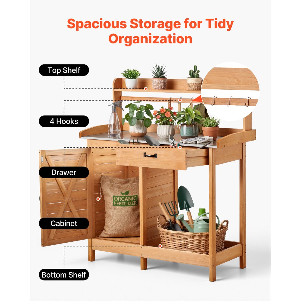 Πάγκος εργασίας VEVOR Potting, Εξωτερικός ξύλινος σταθμός εργασίας κηπουρικής με επιφάνεια από γαλβανισμένο σίδερο 112 x 46,5 cm, Σταθμός εργασίας κήπου με συρτάρι, ντουλάπι αποθήκευσης και ράφια, γάντζοι για βεράντα, πίσω αυλή Πάγκος εργασίας VEVOR Potting, Εξωτερικός ξύλινος σταθμός εργασίας κηπουρικής με επιφάνεια από γαλβανισμένο σίδερο 112 x 46,5 cm, Σταθμός εργασίας κήπου με συρτάρι, ντουλάπι αποθήκευσης και ράφια, γάντζοι για βεράντα, πίσω αυλή