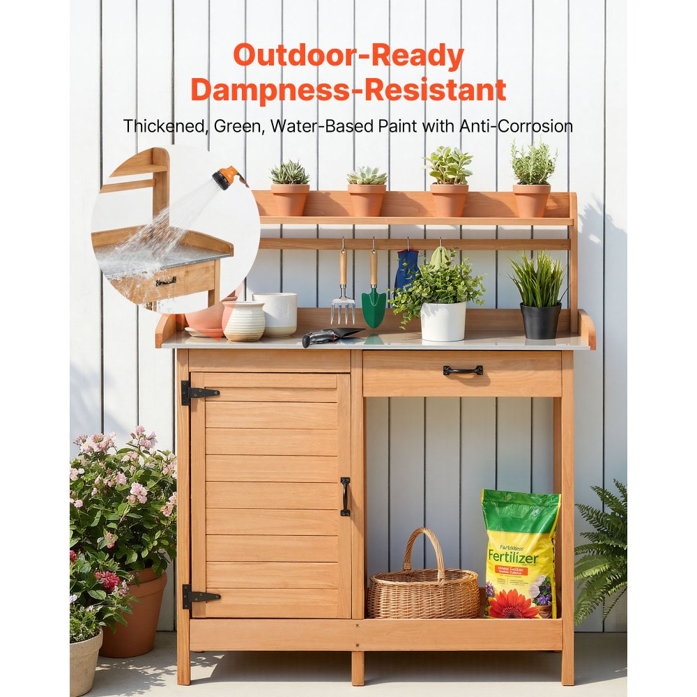 Πάγκος εργασίας VEVOR Potting, Εξωτερικός ξύλινος σταθμός εργασίας κηπουρικής με επιφάνεια από γαλβανισμένο σίδερο 112 x 46,5 cm, Σταθμός εργασίας κήπου με συρτάρι, ντουλάπι αποθήκευσης και ράφια, γάντζοι για βεράντα, πίσω αυλή Πάγκος εργασίας VEVOR Potting, Εξωτερικός ξύλινος σταθμός εργασίας κηπουρικής με επιφάνεια από γαλβανισμένο σίδερο 112 x 46,5 cm, Σταθμός εργασίας κήπου με συρτάρι, ντουλάπι αποθήκευσης και ράφια, γάντζοι για βεράντα, πίσω αυλή