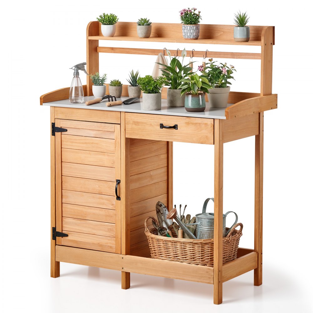 Πάγκος εργασίας VEVOR Potting, Εξωτερικός ξύλινος σταθμός εργασίας κηπουρικής με επιφάνεια από γαλβανισμένο σίδερο 112 x 46,5 cm, Σταθμός εργασίας κήπου με συρτάρι, ντουλάπι αποθήκευσης και ράφια, γάντζοι για βεράντα, πίσω αυλή Πάγκος εργασίας VEVOR Potting, Εξωτερικός ξύλινος σταθμός εργασίας κηπουρικής με επιφάνεια από γαλβανισμένο σίδερο 112 x 46,5 cm, Σταθμός εργασίας κήπου με συρτάρι, ντουλάπι αποθήκευσης και ράφια, γάντζοι για βεράντα, πίσω αυλή