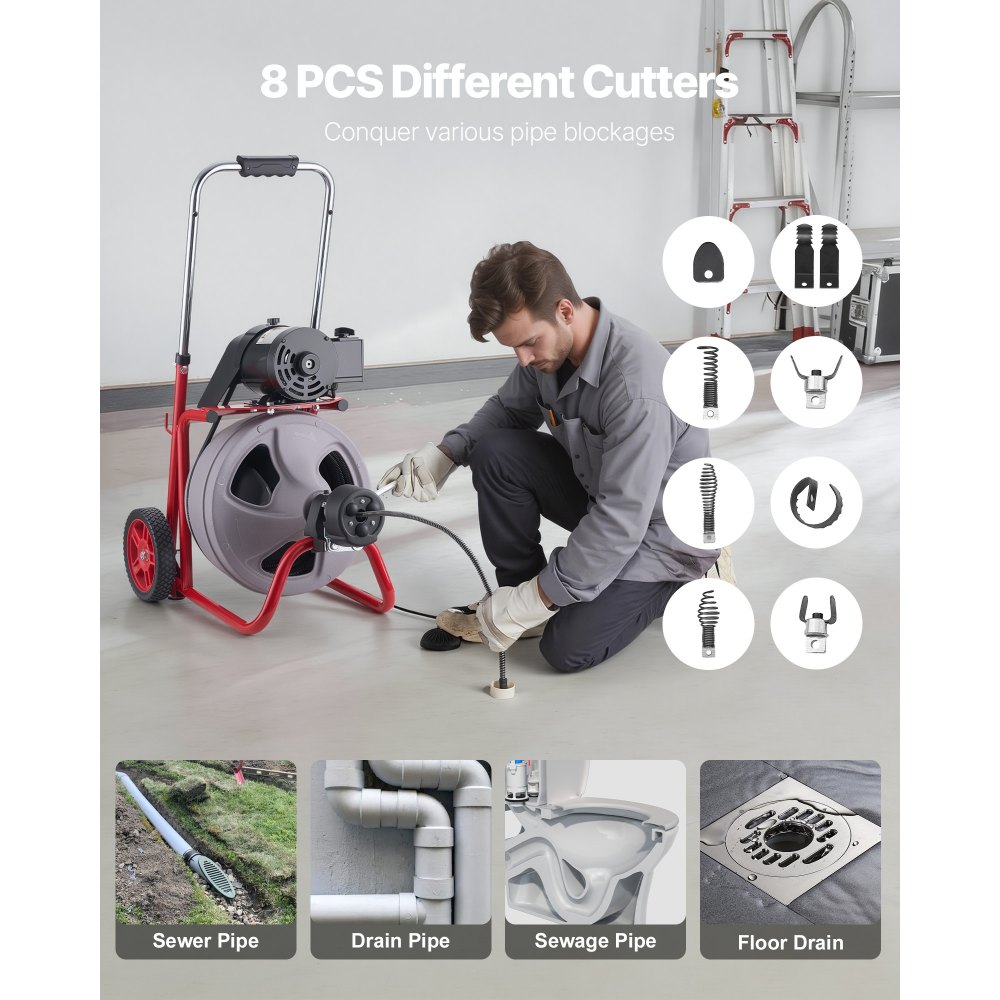 Μηχανή καθαρισμού αποχέτευσης VEVOR 22m x 9,5mm, Αυτόματη τροφοδοσία αποχετευτικού κοχλία τύπου φιδιού σε τροχούς, Φορητή μηχανή καθαρισμού αποχέτευσης με 8 κοπτικά & διακόπτη ποδιού με ενεργοποίηση αέρα για σωλήνες 50mm έως 100mm Μηχανή καθαρισμού αποχέτευσης VEVOR 22m x 9,5mm, Αυτόματη τροφοδοσία αποχετευτικού κοχλία τύπου φιδιού σε τροχούς, Φορητή μηχανή καθαρισμού αποχέτευσης με 8 κοπτικά & διακόπτη ποδιού με ενεργοποίηση αέρα για σωλήνες 50mm έως 100mm