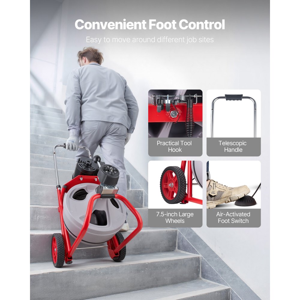 Μηχανή καθαρισμού αποχέτευσης VEVOR 22m x 9,5mm, Αυτόματη τροφοδοσία αποχετευτικού κοχλία τύπου φιδιού σε τροχούς, Φορητή μηχανή καθαρισμού αποχέτευσης με 8 κοπτικά & διακόπτη ποδιού με ενεργοποίηση αέρα για σωλήνες 50mm έως 100mm Μηχανή καθαρισμού αποχέτευσης VEVOR 22m x 9,5mm, Αυτόματη τροφοδοσία αποχετευτικού κοχλία τύπου φιδιού σε τροχούς, Φορητή μηχανή καθαρισμού αποχέτευσης με 8 κοπτικά & διακόπτη ποδιού με ενεργοποίηση αέρα για σωλήνες 50mm έως 100mm