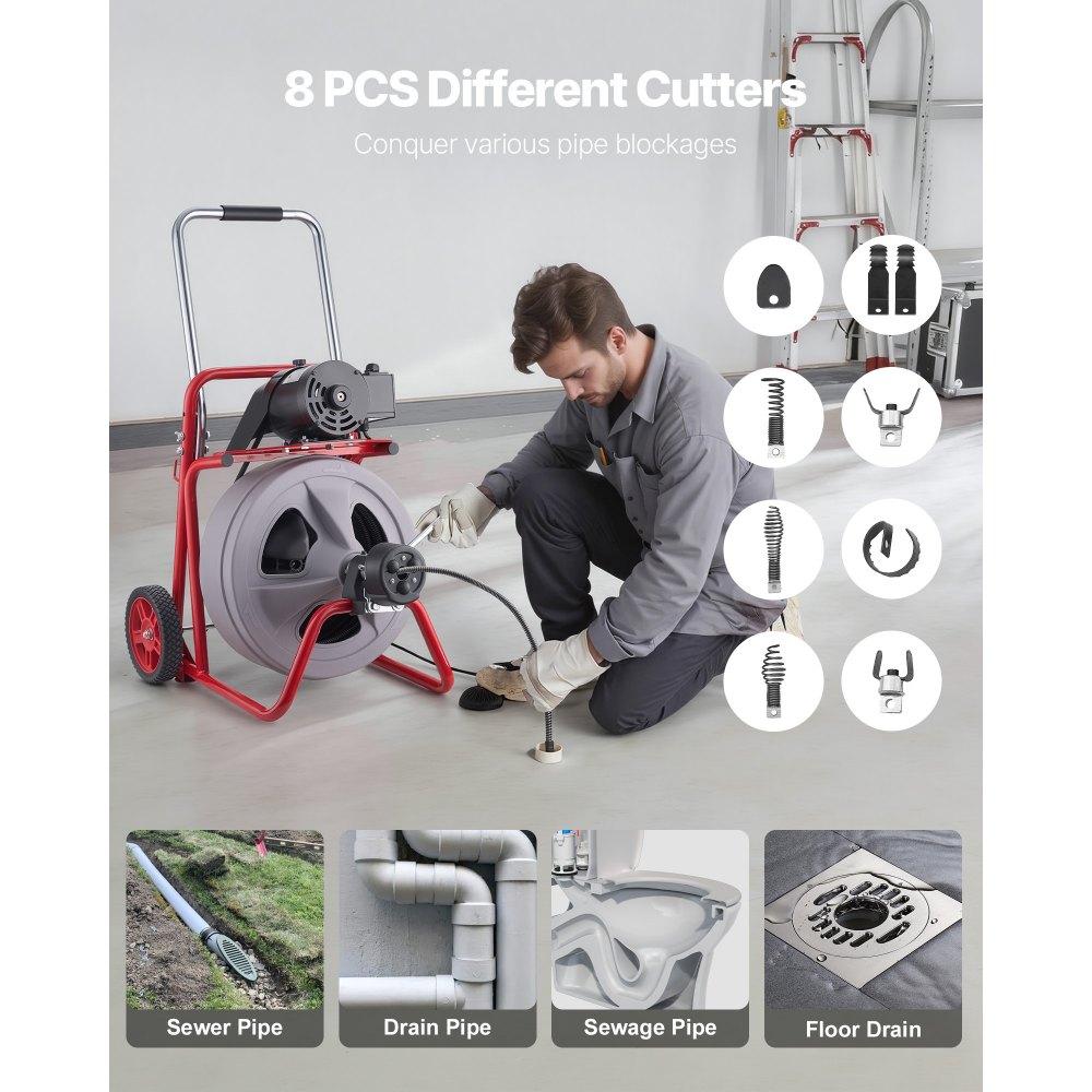 Μηχανή καθαρισμού αποχέτευσης VEVOR 30m x 13mm, Αυτόματη τροφοδοσία αποχετευτικού κοχλία τύπου φιδιού σε τροχούς, Φορητή μηχανή καθαρισμού αποχέτευσης με 8 κοπτικά & διακόπτη ποδιού με ενεργοποίηση αέρα για σωλήνες 50mm έως 150mm Μηχανή καθαρισμού αποχέτευσης VEVOR 30m x 13mm, Αυτόματη τροφοδοσία αποχετευτικού κοχλία τύπου φιδιού σε τροχούς, Φορητή μηχανή καθαρισμού αποχέτευσης με 8 κοπτικά & διακόπτη ποδιού με ενεργοποίηση αέρα για σωλήνες 50mm έως 150mm