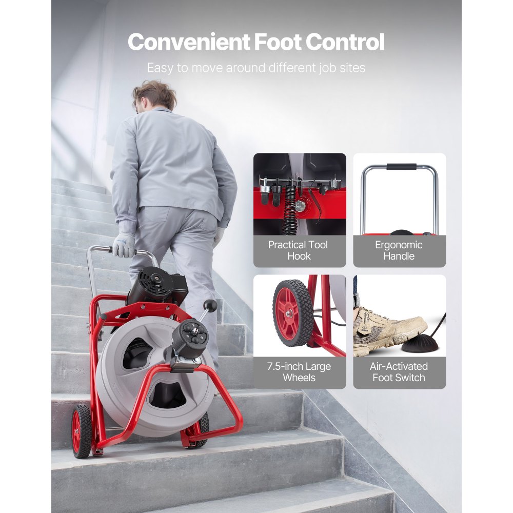 Μηχανή καθαρισμού αποχέτευσης VEVOR 30m x 13mm, Αυτόματη τροφοδοσία αποχετευτικού κοχλία τύπου φιδιού σε τροχούς, Φορητή μηχανή καθαρισμού αποχέτευσης με 8 κοπτικά & διακόπτη ποδιού με ενεργοποίηση αέρα για σωλήνες 50mm έως 150mm Μηχανή καθαρισμού αποχέτευσης VEVOR 30m x 13mm, Αυτόματη τροφοδοσία αποχετευτικού κοχλία τύπου φιδιού σε τροχούς, Φορητή μηχανή καθαρισμού αποχέτευσης με 8 κοπτικά & διακόπτη ποδιού με ενεργοποίηση αέρα για σωλήνες 50mm έως 150mm