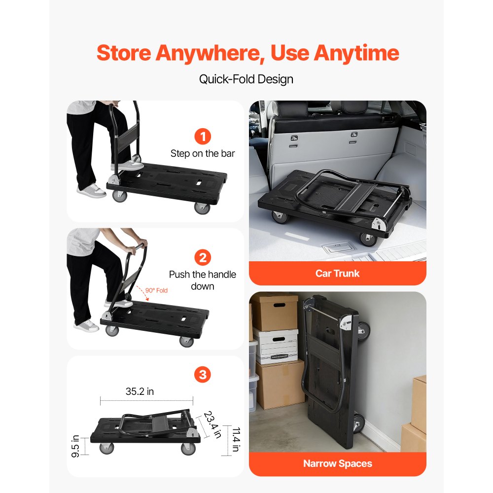 Πτυσσόμενο καρότσι μεταφοράς VEVOR, χωρητικότητας 453,59 kg, πτυσσόμενο καρότσι πλατφόρμας με περιστρεφόμενους τροχούς, καρότσι με κινούμενη πλατφόρμα και επίπεδη καρότσα, λαβή ώθησης εξοικονόμησης χώρου, για εύκολη αποθήκευση, 895 x 595 x 850 mm Πτυσσόμενο καρότσι μεταφοράς VEVOR, χωρητικότητας 453,59 kg, πτυσσόμενο καρότσι πλατφόρμας με περιστρεφόμενους τροχούς, καρότσι με κινούμενη πλατφόρμα και επίπεδη καρότσα, λαβή ώθησης εξοικονόμησης χώρου, για εύκολη αποθήκευση, 895 x 595 x 850 mm