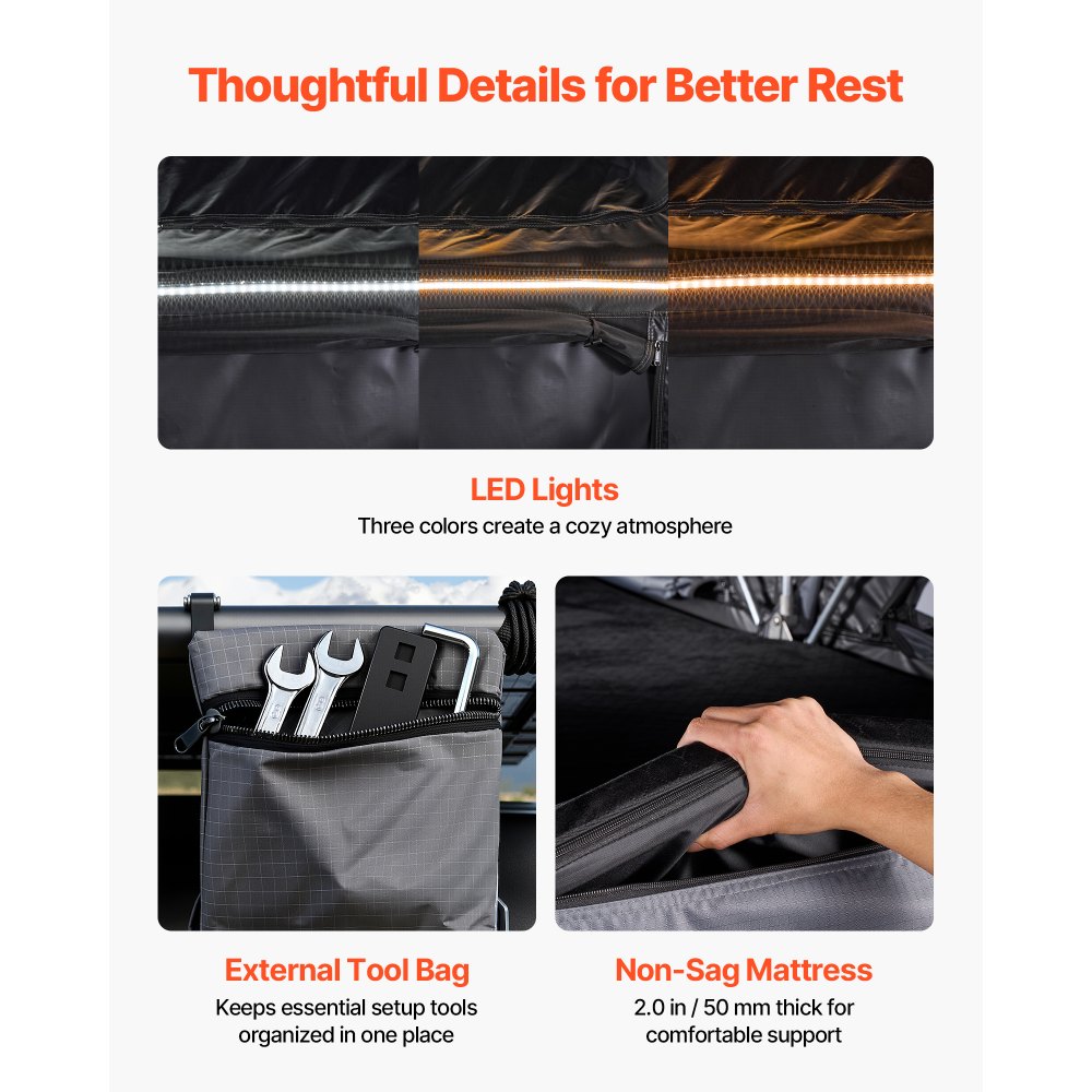 Σκηνή Οροφής VEVOR, Πτυσσόμενη Σκηνή Αλουμινίου Οροφής 2-3 Ατόμων με Τρίχρωμο Φως LED, Χοντρό Στρώμα & 10 Παράθυρα, Αδιάβροχη Αντιανεμική Σχάρα Οροφής για Κάμπινγκ Overland, Κατάλληλη για Jeep SUV Pick-up Σκηνή Οροφής VEVOR, Πτυσσόμενη Σκηνή Αλουμινίου Οροφής 2-3 Ατόμων με Τρίχρωμο Φως LED, Χοντρό Στρώμα & 10 Παράθυρα, Αδιάβροχη Αντιανεμική Σχάρα Οροφής για Κάμπινγκ Overland, Κατάλληλη για Jeep SUV Pick-up