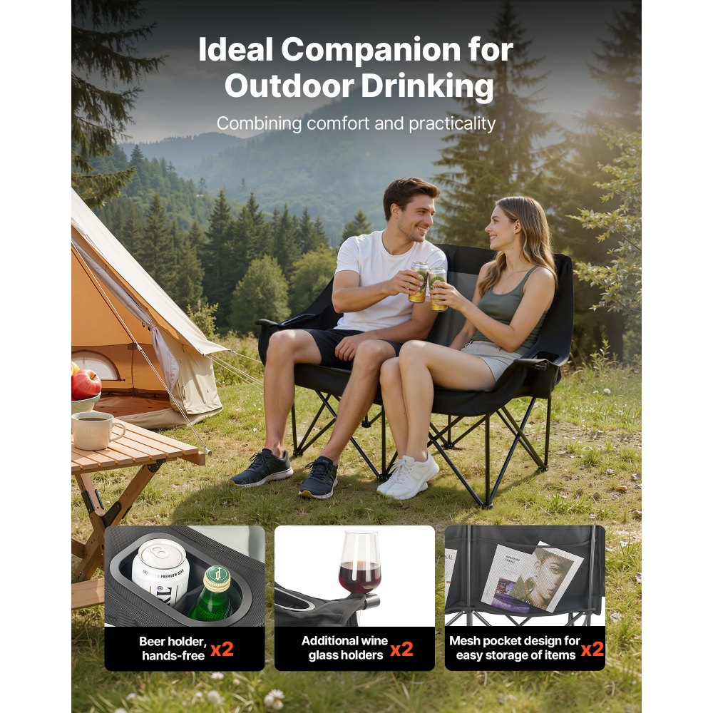 Διπλή καρέκλα κάμπινγκ VEVOR, μεγάλη καρέκλα κάμπινγκ δύο ατόμων με στήριξη βαρέως τύπου 300 kg, με διπλές θήκες για ποτήρια, θήκες για ποτήρια κρασιού, ιμάντες περιοδικών, τσάντες μεταφοράς για εξωτερικούς χώρους, παραλία, 1 πακέτο Διπλή καρέκλα κάμπινγκ VEVOR, μεγάλη καρέκλα κάμπινγκ δύο ατόμων με στήριξη βαρέως τύπου 300 kg, με διπλές θήκες για ποτήρια, θήκες για ποτήρια κρασιού, ιμάντες περιοδικών, τσάντες μεταφοράς για εξωτερικούς χώρους, παραλία, 1 πακέτο