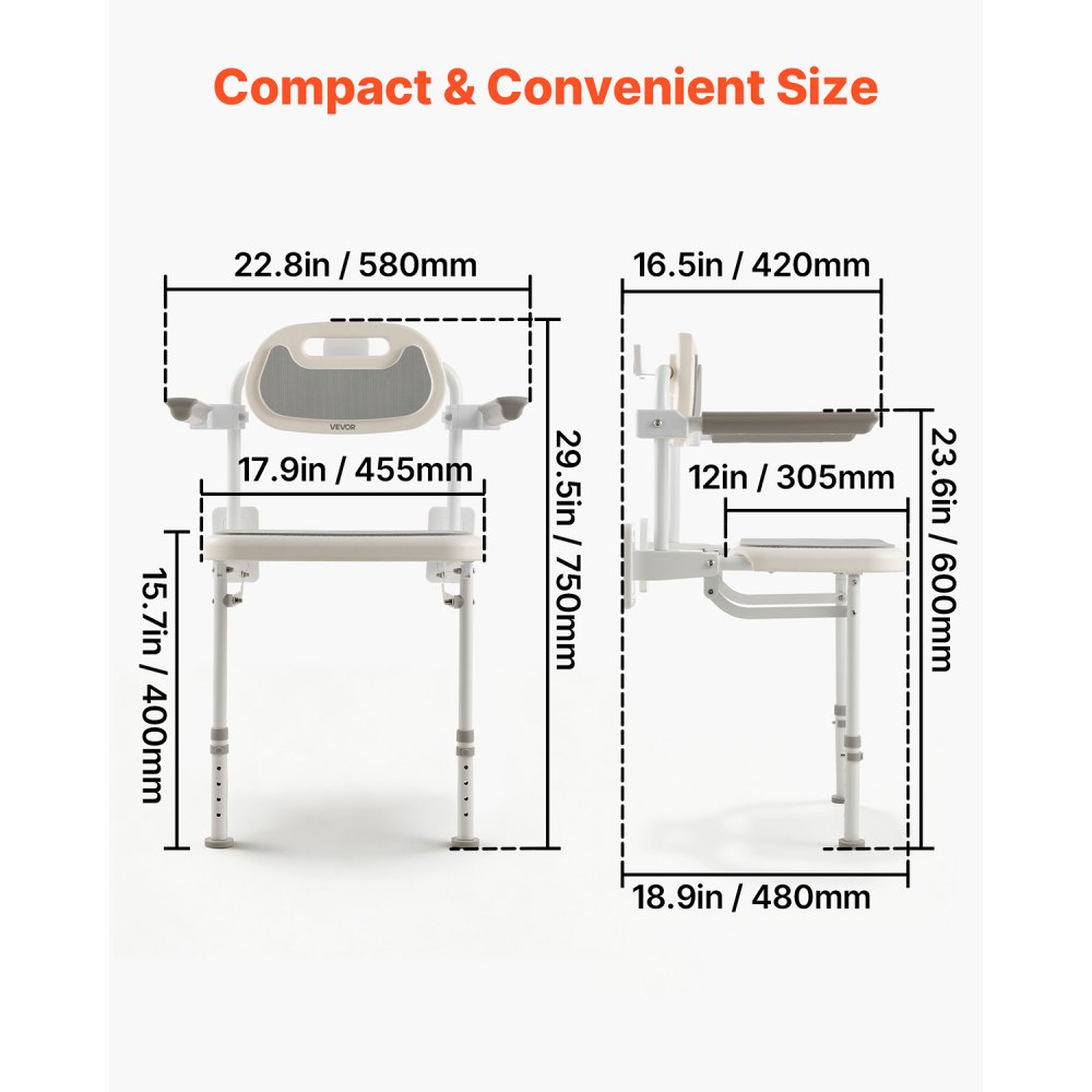 Πτυσσόμενη καρέκλα ντους VEVOR, επιτοίχια, πτυσσόμενη καρέκλα ντους 457 mm με πλάτη, μπράτσα και ρυθμιζόμενα πόδια, πτυσσόμενη καρέκλα μπάνιου HDPE με πλαίσιο από ανοξείδωτο ατσάλι για ενήλικες και ηλικιωμένους, φόρτωση 150 kg Πτυσσόμενη καρέκλα ντους VEVOR, επιτοίχια, πτυσσόμενη καρέκλα ντους 457 mm με πλάτη, μπράτσα και ρυθμιζόμενα πόδια, πτυσσόμενη καρέκλα μπάνιου HDPE με πλαίσιο από ανοξείδωτο ατσάλι για ενήλικες και ηλικιωμένους, φόρτωση 150 kg