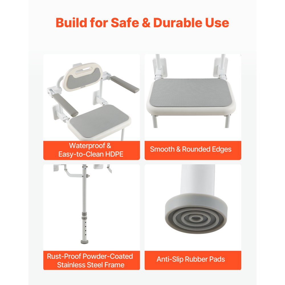 Πτυσσόμενη καρέκλα ντους VEVOR, επιτοίχια, πτυσσόμενη καρέκλα ντους 457 mm με πλάτη, μπράτσα και ρυθμιζόμενα πόδια, πτυσσόμενη καρέκλα μπάνιου HDPE με πλαίσιο από ανοξείδωτο ατσάλι για ενήλικες και ηλικιωμένους, φόρτωση 150 kg Πτυσσόμενη καρέκλα ντους VEVOR, επιτοίχια, πτυσσόμενη καρέκλα ντους 457 mm με πλάτη, μπράτσα και ρυθμιζόμενα πόδια, πτυσσόμενη καρέκλα μπάνιου HDPE με πλαίσιο από ανοξείδωτο ατσάλι για ενήλικες και ηλικιωμένους, φόρτωση 150 kg