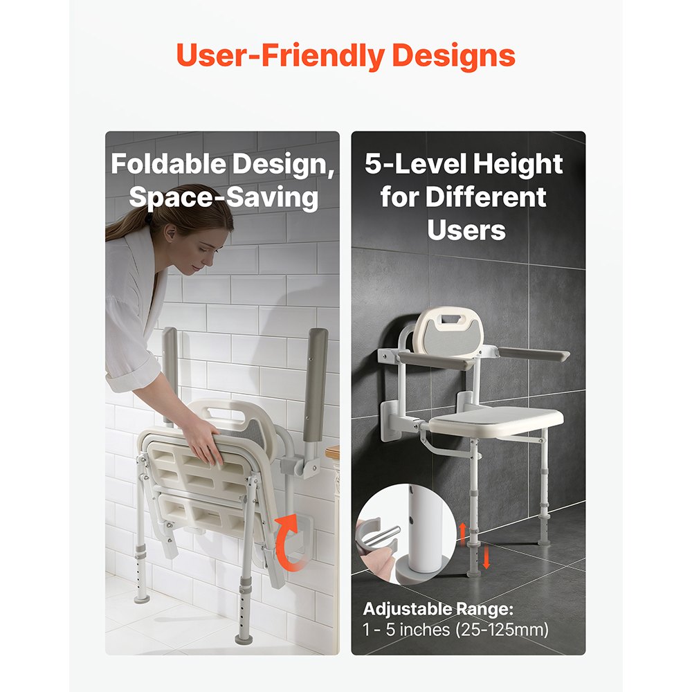 Πτυσσόμενη καρέκλα ντους VEVOR, επιτοίχια, πτυσσόμενη καρέκλα ντους 457 mm με πλάτη, μπράτσα και ρυθμιζόμενα πόδια, πτυσσόμενη καρέκλα μπάνιου HDPE με πλαίσιο από ανοξείδωτο ατσάλι για ενήλικες και ηλικιωμένους, φόρτωση 150 kg Πτυσσόμενη καρέκλα ντους VEVOR, επιτοίχια, πτυσσόμενη καρέκλα ντους 457 mm με πλάτη, μπράτσα και ρυθμιζόμενα πόδια, πτυσσόμενη καρέκλα μπάνιου HDPE με πλαίσιο από ανοξείδωτο ατσάλι για ενήλικες και ηλικιωμένους, φόρτωση 150 kg