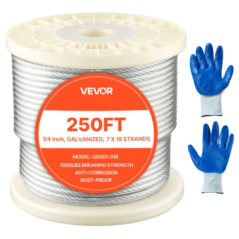 Συρματόσχοινο VEVOR 6,35 mm, μήκος 76,2 m, καλώδιο από γαλβανισμένο ανθρακούχο χάλυβα με γάντια, αντοχή σε θραύση 31,1 kN, κατασκευή 7 x 19 κλώνων, συρματόσχοινο για σύστημα κιγκλιδωμάτων καταστρώματος, πέργκολα κήπου Συρματόσχοινο VEVOR 6,35 mm, μήκος 76,2 m, καλώδιο από γαλβανισμένο ανθρακούχο χάλυβα με γάντια, αντοχή σε θραύση 31,1 kN, κατασκευή 7 x 19 κλώνων, συρματόσχοινο για σύστημα κιγκλιδωμάτων καταστρώματος, πέργκολα κήπου