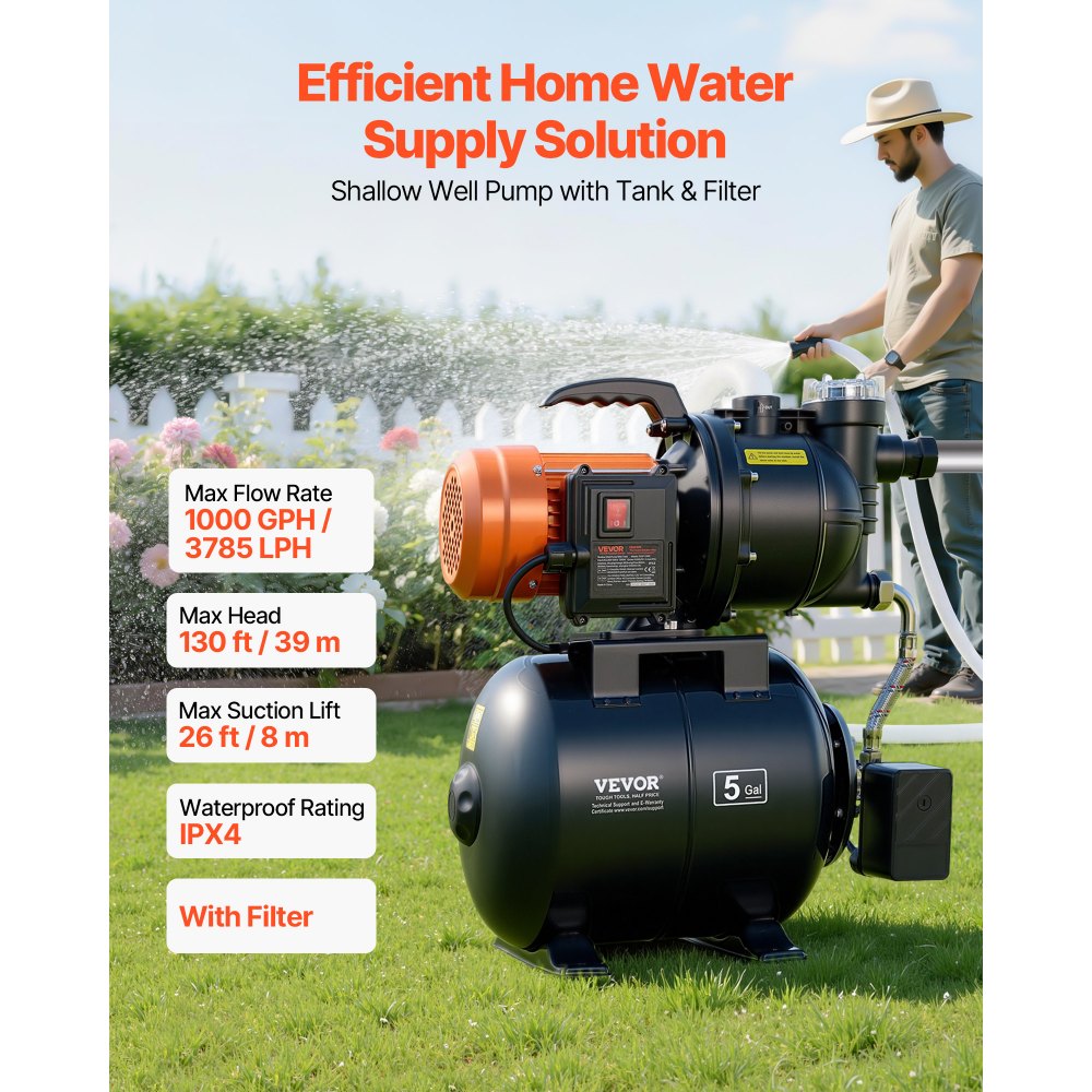 Αντλία ρηχού φρεατίου VEVOR 735W με δεξαμενή πίεσης, 3785 LPH, Αντλία Jet άρδευσης με δεξαμενή 19 λίτρων, φίλτρο, βαλβίδα αντεπιστροφής, αυτόματο σύστημα ενίσχυσης νερού, διακόπτης πίεσης 1,4-2,8 bar, για γκαζόν σπιτιού, κήπου Αντλία ρηχού φρεατίου VEVOR 735W με δεξαμενή πίεσης, 3785 LPH, Αντλία Jet άρδευσης με δεξαμενή 19 λίτρων, φίλτρο, βαλβίδα αντεπιστροφής, αυτόματο σύστημα ενίσχυσης νερού, διακόπτης πίεσης 1,4-2,8 bar, για γκαζόν σπιτιού, κήπου