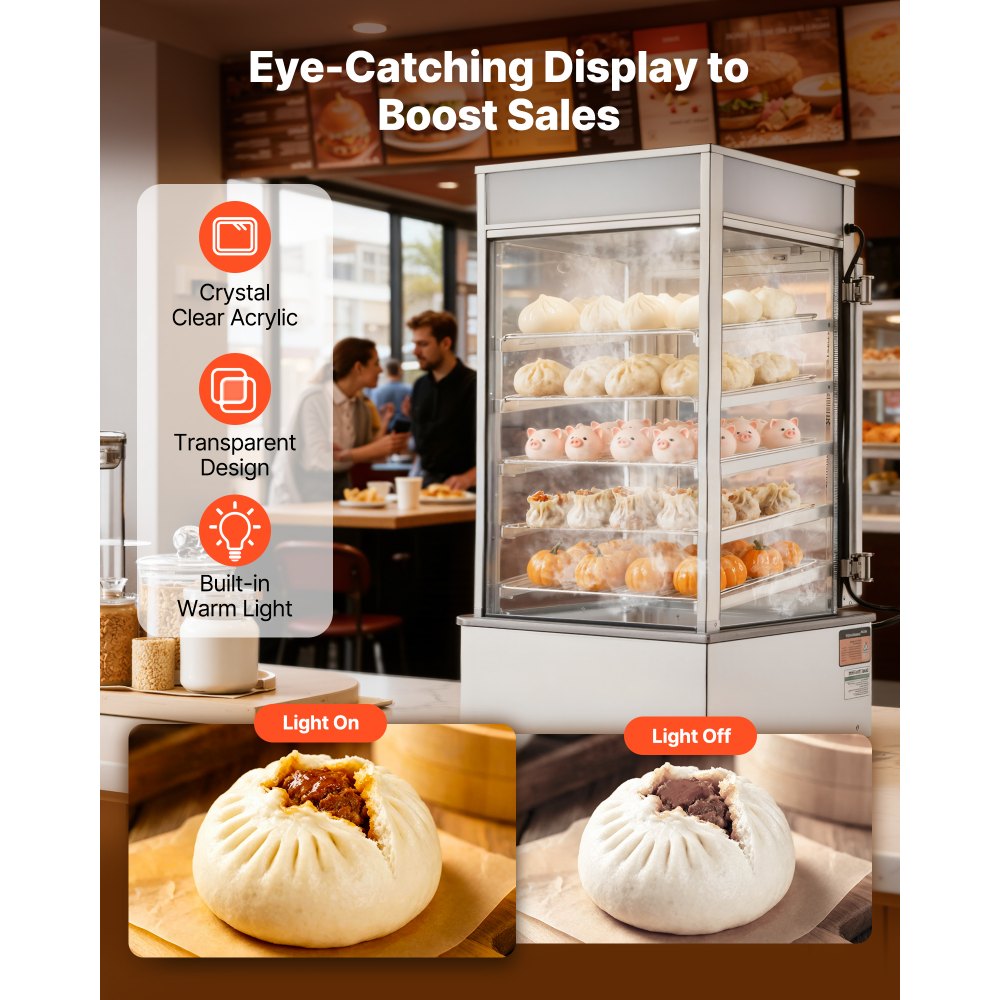 Θερμαντήρας φαγητού VEVOR 5 επιπέδων, Θερμαντήρας φαγητού 1200W με φως LED, ρυθμιζόμενο ράφι και πλαίσιο από ανοξείδωτο ατσάλι, θέρμανση με ατμό 30℃~110℃, 120L για χάμπουργκερ, πίτσα, ψωμί, τηγανητό κοτόπουλο Θερμαντήρας φαγητού VEVOR 5 επιπέδων, Θερμαντήρας φαγητού 1200W με φως LED, ρυθμιζόμενο ράφι και πλαίσιο από ανοξείδωτο ατσάλι, θέρμανση με ατμό 30℃~110℃, 120L για χάμπουργκερ, πίτσα, ψωμί, τηγανητό κοτόπουλο