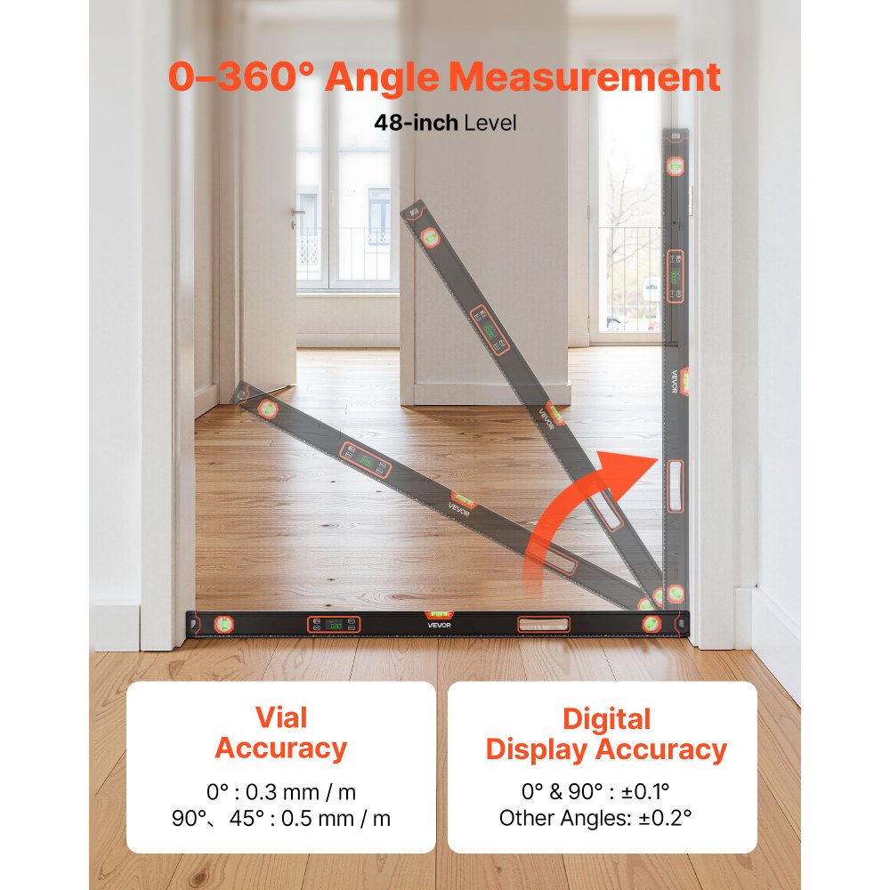 Ψηφιακό αλφάδι VEVOR, 1200 mm, Μαγνητικό ηλεκτρονικό αλφάδι με φωτιζόμενη οθόνη LED, ηλεκτρονικό εργαλείο ισοπέδωσης 360° με φιαλίδια φυσαλίδων 0°/45°/90°, βαθμολογία IP54 για ανακαίνιση κατοικιών και ξυλουργικών εργασιών Ψηφιακό αλφάδι VEVOR, 1200 mm, Μαγνητικό ηλεκτρονικό αλφάδι με φωτιζόμενη οθόνη LED, ηλεκτρονικό εργαλείο ισοπέδωσης 360° με φιαλίδια φυσαλίδων 0°/45°/90°, βαθμολογία IP54 για ανακαίνιση κατοικιών και ξυλουργικών εργασιών