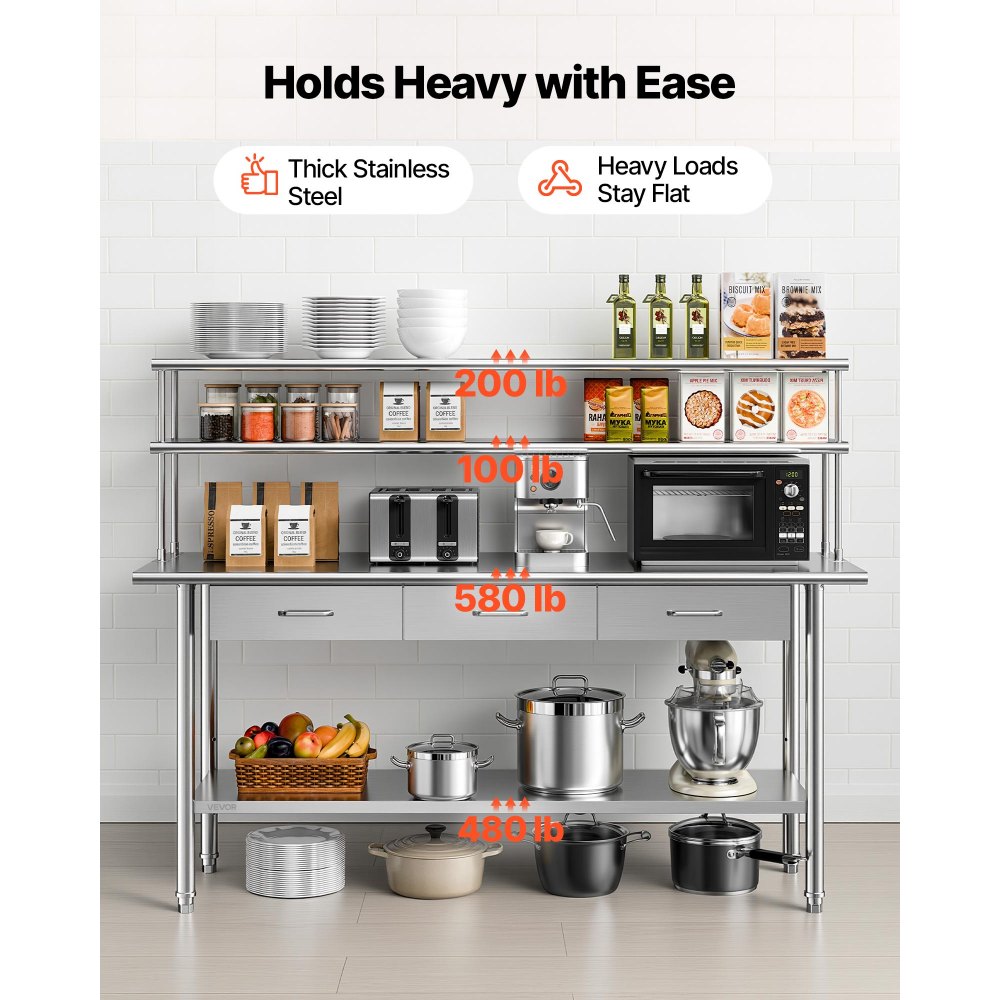 Τραπέζι εργασίας από ανοξείδωτο ατσάλι VEVOR, τραπέζι προετοιμασίας φαγητού 61x183 cm με ράφια και 3 συρτάρια, επαγγελματικός σταθμός εργασίας κουζίνας με ρυθμιζόμενο κάτω ράφι, μεταλλικό βοηθητικό τραπέζι εργασίας, γκαράζ εστιατορίου Τραπέζι εργασίας από ανοξείδωτο ατσάλι VEVOR, τραπέζι προετοιμασίας φαγητού 61x183 cm με ράφια και 3 συρτάρια, επαγγελματικός σταθμός εργασίας κουζίνας με ρυθμιζόμενο κάτω ράφι, μεταλλικό βοηθητικό τραπέζι εργασίας, γκαράζ εστιατορίου