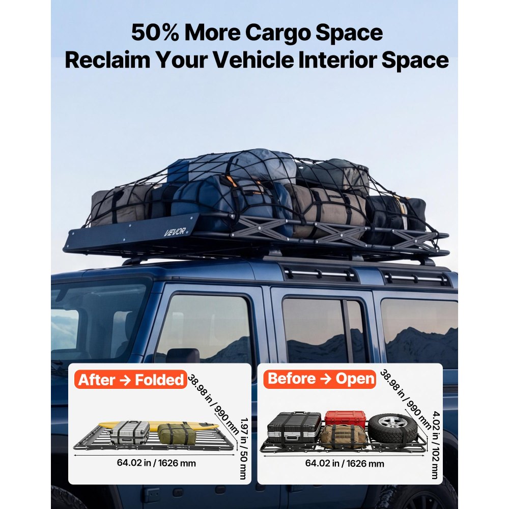 Καλάθι Αποσκευών VEVOR Roof Rack, 1626 x 990 x 102 mm, Βαρέως Τύπου Καλάθι Οροφής με Πτυσσόμενο Σχεδιασμό, Χωρητικότητα 90,72 kg, Βάση Αποσκευών Αυτοκινήτου με Εύκολη Εγκατάσταση σε Όλες τις Καιρικές Συνθήκες, Universal για Φορτηγό SUV Καλάθι Αποσκευών VEVOR Roof Rack, 1626 x 990 x 102 mm, Βαρέως Τύπου Καλάθι Οροφής με Πτυσσόμενο Σχεδιασμό, Χωρητικότητα 90,72 kg, Βάση Αποσκευών Αυτοκινήτου με Εύκολη Εγκατάσταση σε Όλες τις Καιρικές Συνθήκες, Universal για Φορτηγό SUV