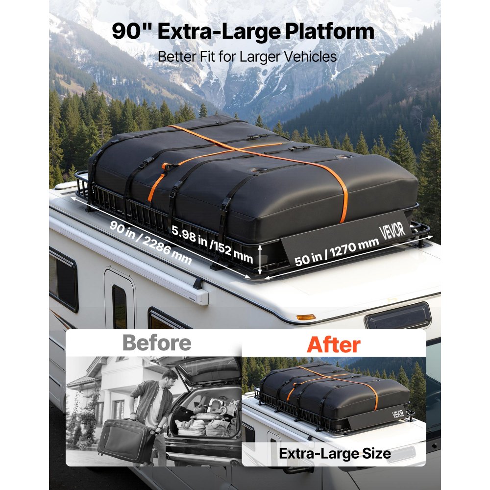 Καλάθι Αποσκευών VEVOR Roof Rack, 2286 x 1270 x 152 mm, Βαρέως Τύπου Καλάθι Μεταφοράς Οροφής με Αδιάβροχη Τσάντα Οροφής, Ιμάντες Καστάνιας, Χωρητικότητα 113,4 kg, Θήκη Αποσκευών Αυτοκινήτου για Παντός Καιρού, για Φορτηγό SUV Καλάθι Αποσκευών VEVOR Roof Rack, 2286 x 1270 x 152 mm, Βαρέως Τύπου Καλάθι Μεταφοράς Οροφής με Αδιάβροχη Τσάντα Οροφής, Ιμάντες Καστάνιας, Χωρητικότητα 113,4 kg, Θήκη Αποσκευών Αυτοκινήτου για Παντός Καιρού, για Φορτηγό SUV