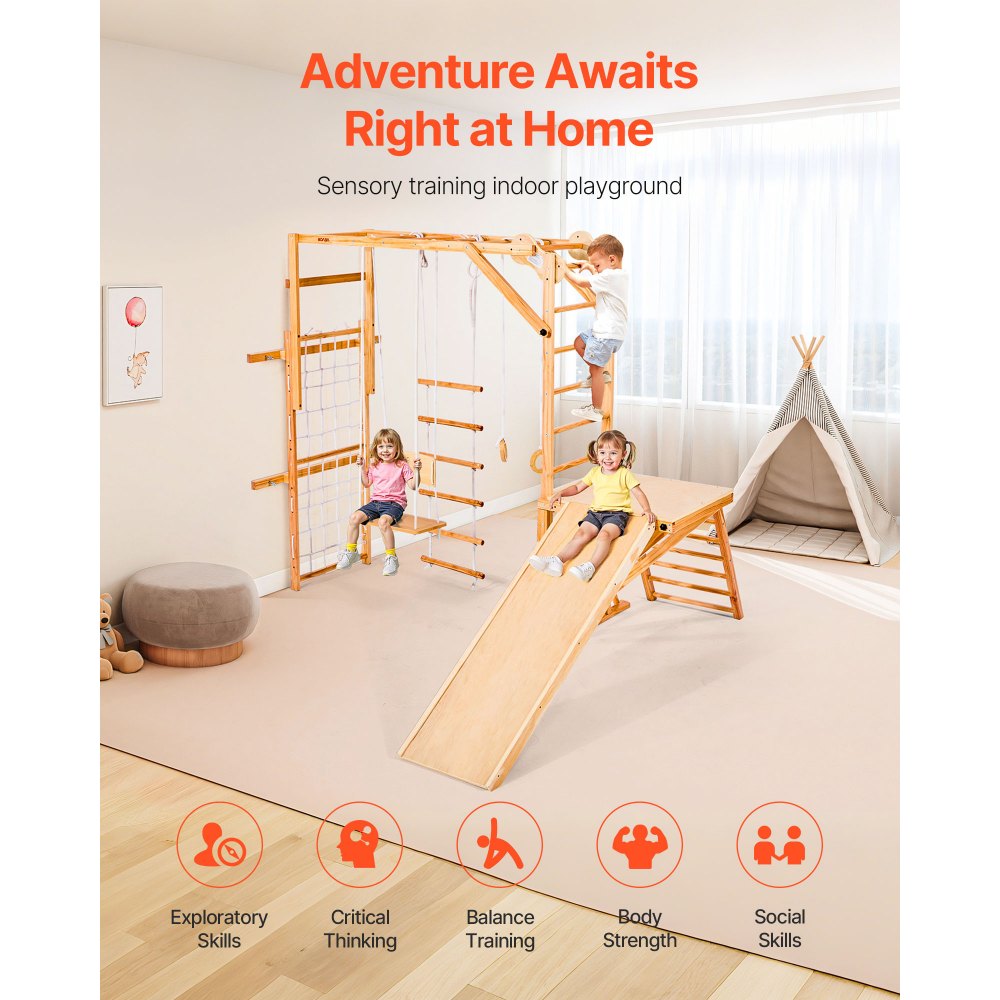 VEVOR Εσωτερική Παιδική Χαρά Jungle Gym, Ξύλινη Εσωτερική Παιδική Χαρά 8 σε 1 για Παιδιά, Σετ Παιχνιδιών Αναρρίχησης Montessori 100KG με Τσουλήθρα, Κούνια, Μπάρα Μαϊμούς, Δαχτυλίδια Γυμναστικής, Ξύλινη / Σχοινένια Σκάλα, Δίχτυ Αναρρίχησης & Μπάρα VEVOR Εσωτερική Παιδική Χαρά Jungle Gym, Ξύλινη Εσωτερική Παιδική Χαρά 8 σε 1 για Παιδιά, Σετ Παιχνιδιών Αναρρίχησης Montessori 100KG με Τσουλήθρα, Κούνια, Μπάρα Μαϊμούς, Δαχτυλίδια Γυμναστικής, Ξύλινη / Σχοινένια Σκάλα, Δίχτυ Αναρρίχησης & Μπάρα